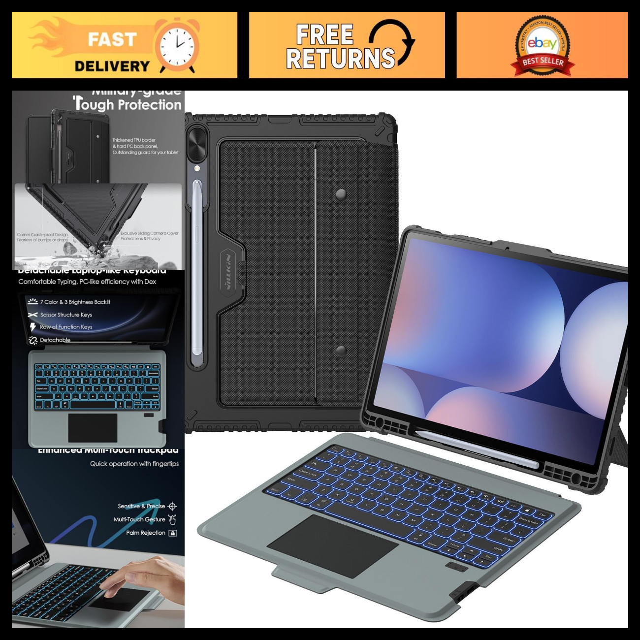 Rugged Keyboard Case for Samsung Galaxy Tab S10+ / S9+ 12.4" - Durable, Lightwei