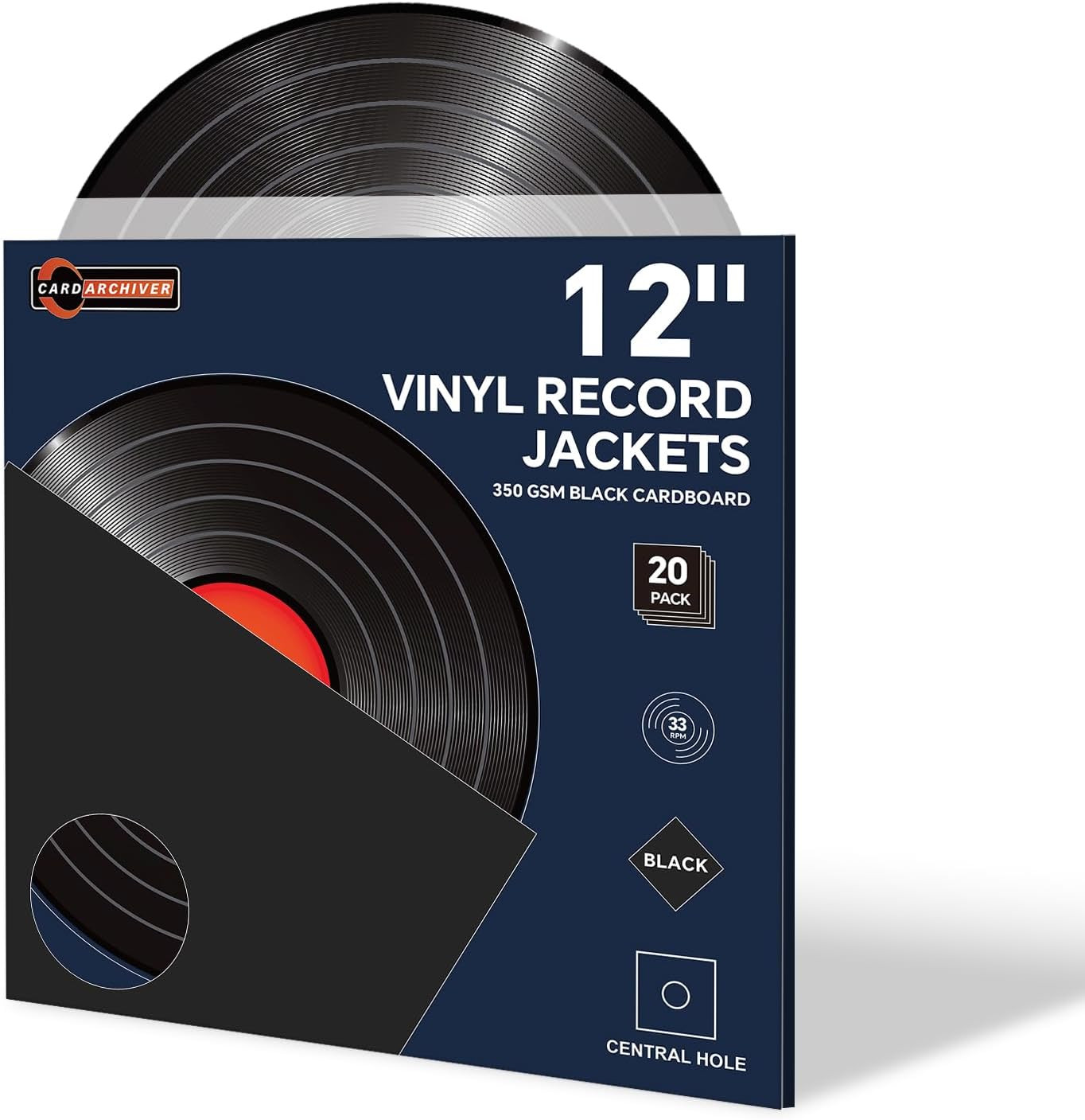 20 Pcs 12" Black Vinyl Record Jackets - Thick Cardboard Sleeves with Center Hole