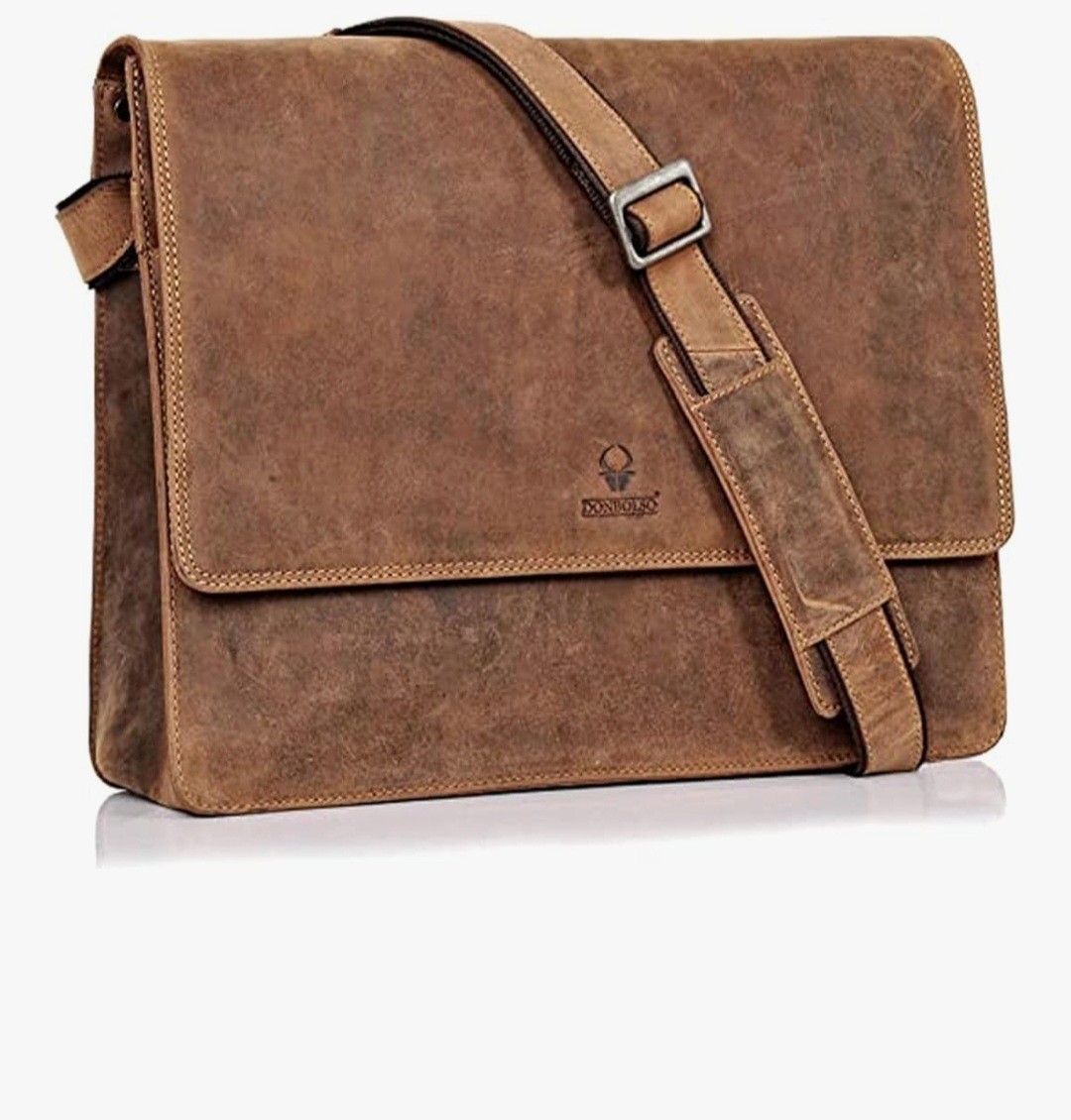 Donbolso Messenger Bag Laptop Vintage Brown Genuine Leather Flap Shoulder Strap