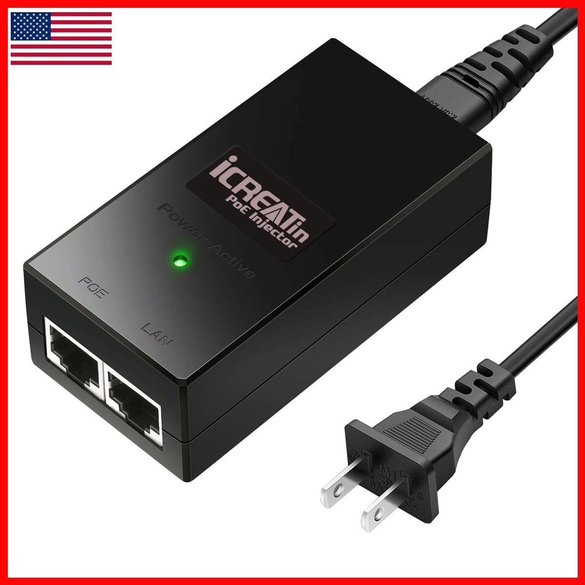 iCreatin 48V PoE Injector Adapter 30W IEEE802.3af/at for Ubiquiti Amcrest