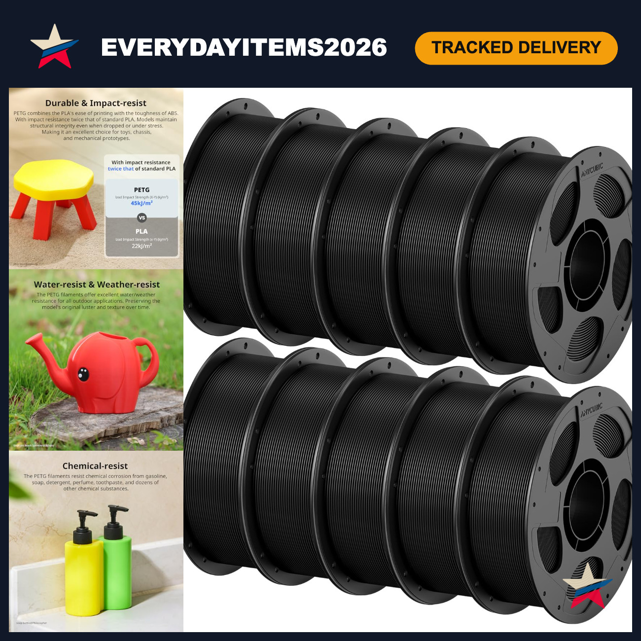 1.75mm PETG Filament 10KG Black - High-Quality, Reusable 3D Printing Spool