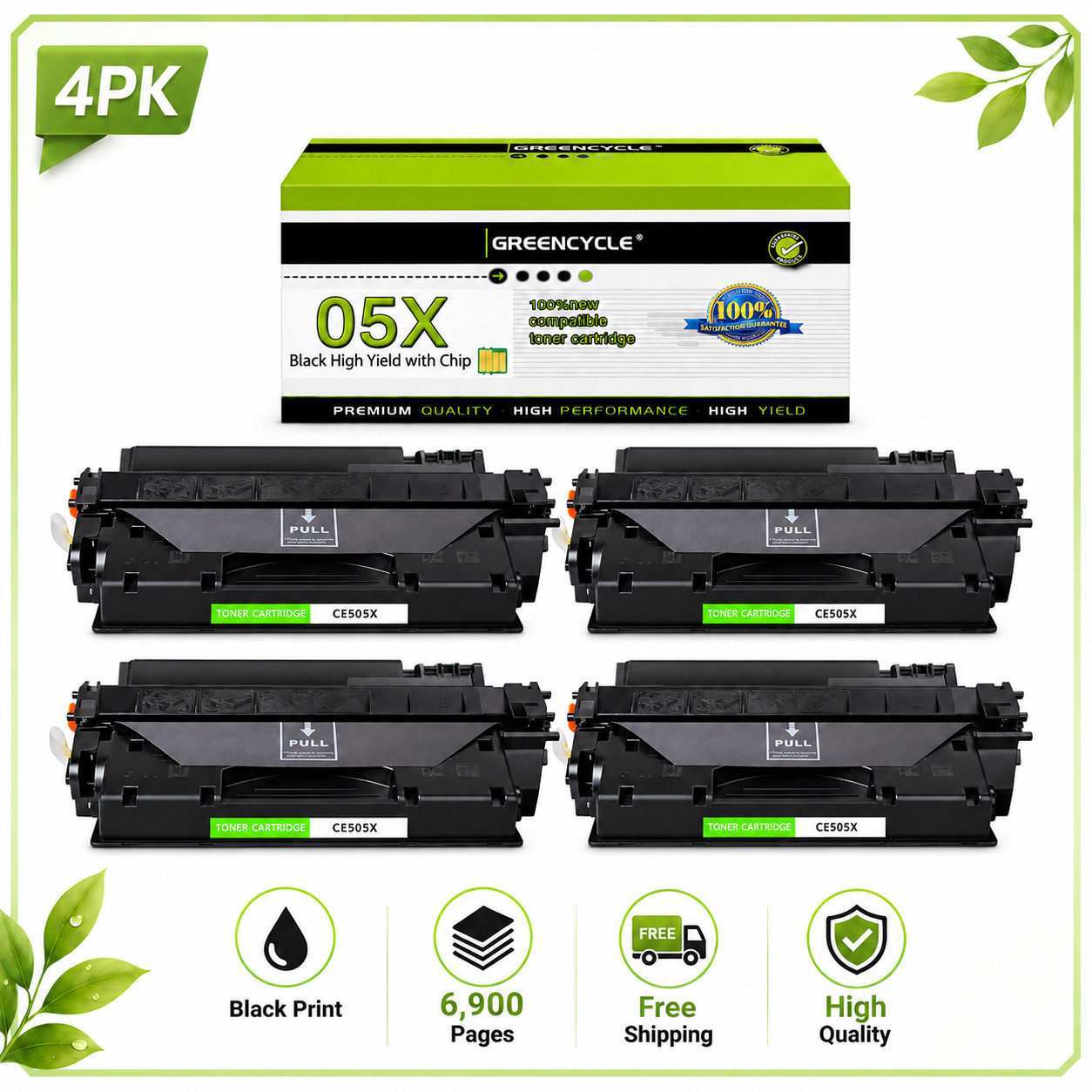 Greencycle 4 PACK CE505X 05X Black Toner Cartridge for HP LaserJet P2050 P2055n
