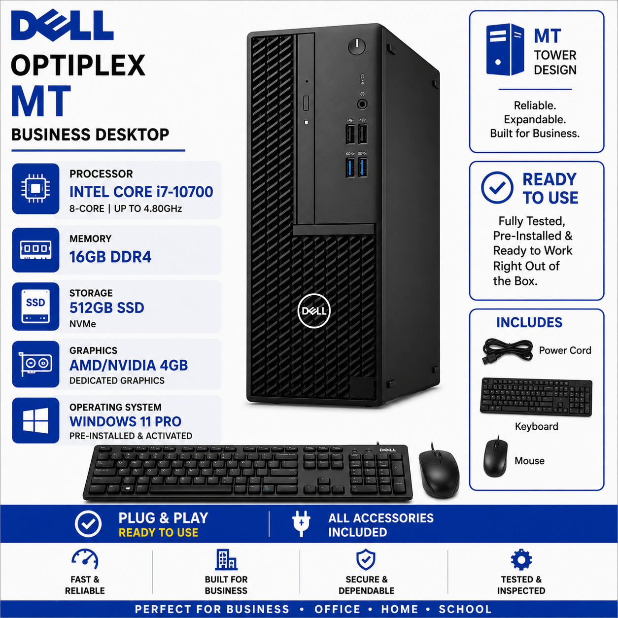 Dell OptiPlex MT i7-10700 16GB DDR4 RAM 512GB SSD AMD/NVIDIA 4GB Win11 Gaming