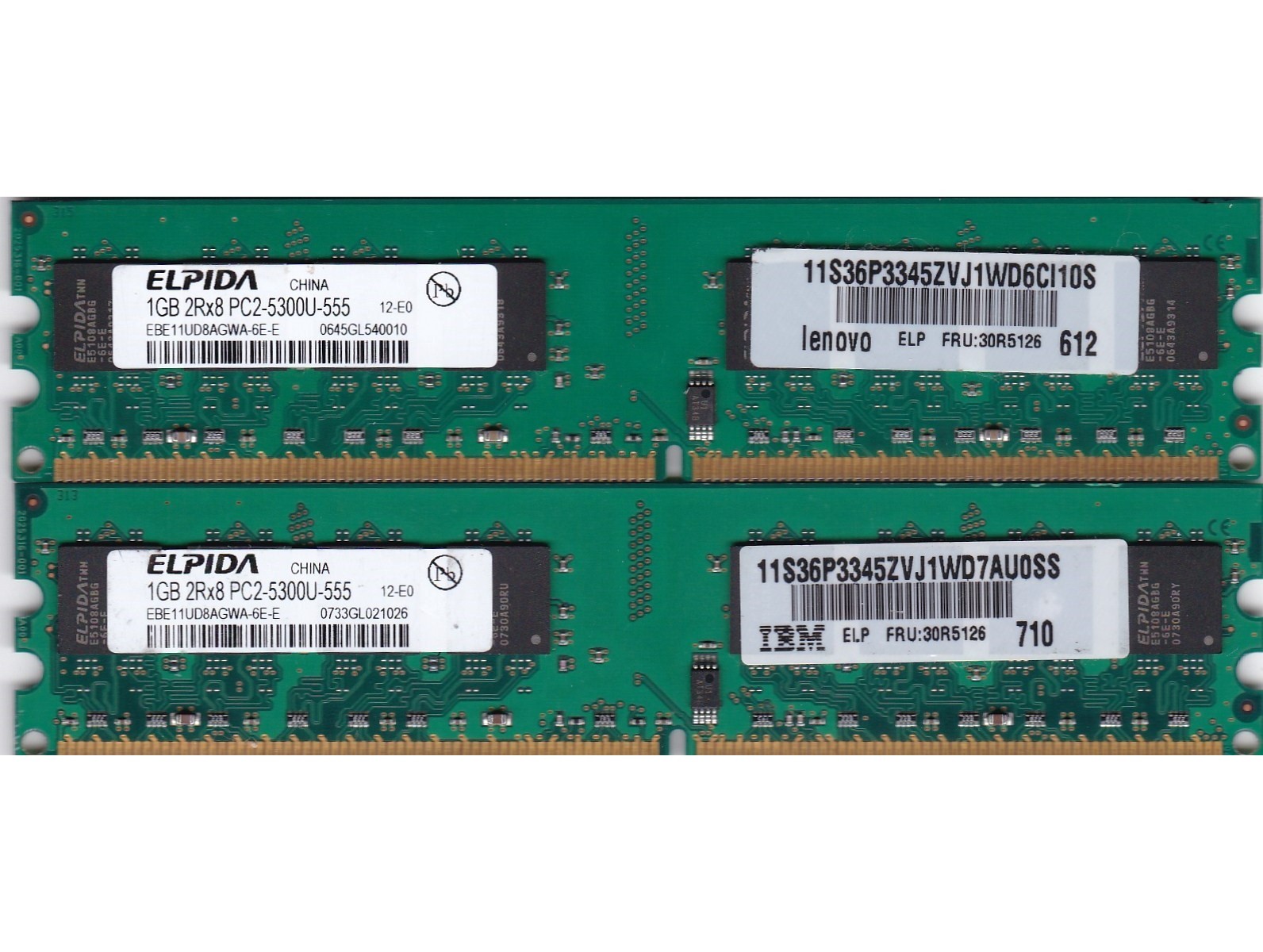 2GB 2x1GB PC2 5300 ELPIDA DDR2-667 Ram Memory Kit EBE11UD8AGWA-6E-E IBM 30R5126