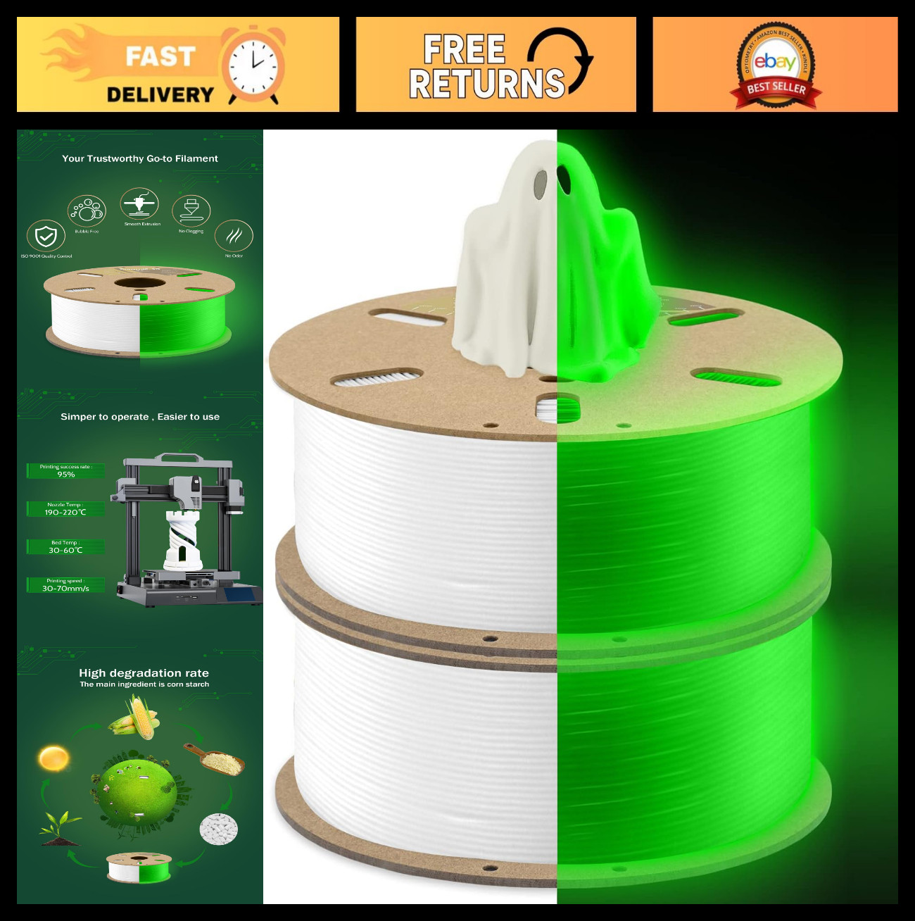 Glow in the Dark 3D Printing Filament 1.75mm 1Kg 2-Pack, Dimensional Accuracy +/
