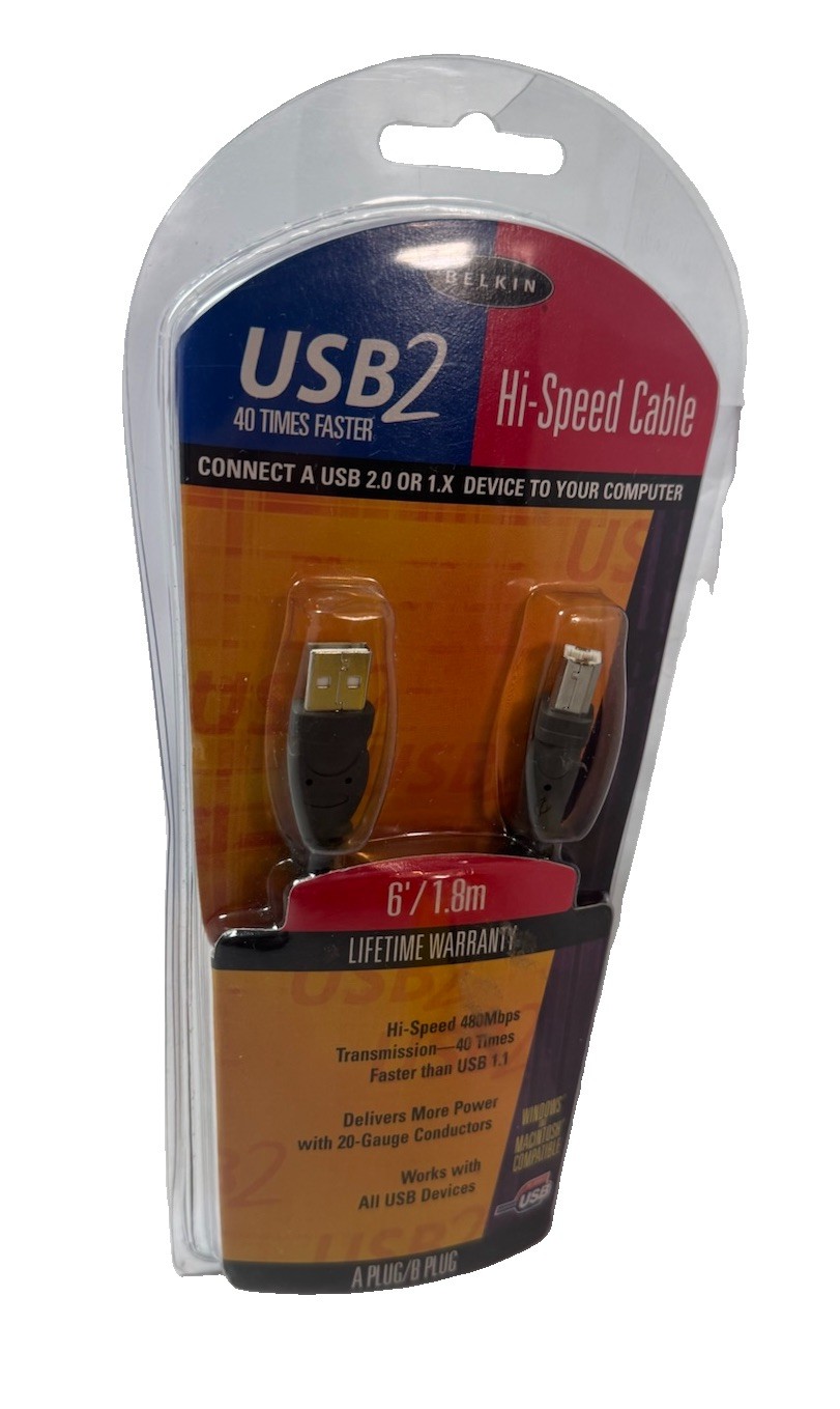 Belkin USB 2 Hi Speed Cable 6'/1.8m A Plug / B Plug New