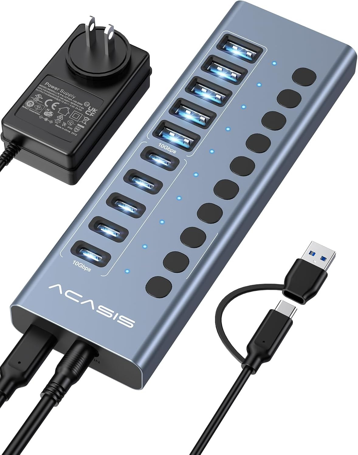 10 Ports Powered USB 3.2 Hub (5 USB-A 3.2 +5 USB-C 3.2), 10Gbps
