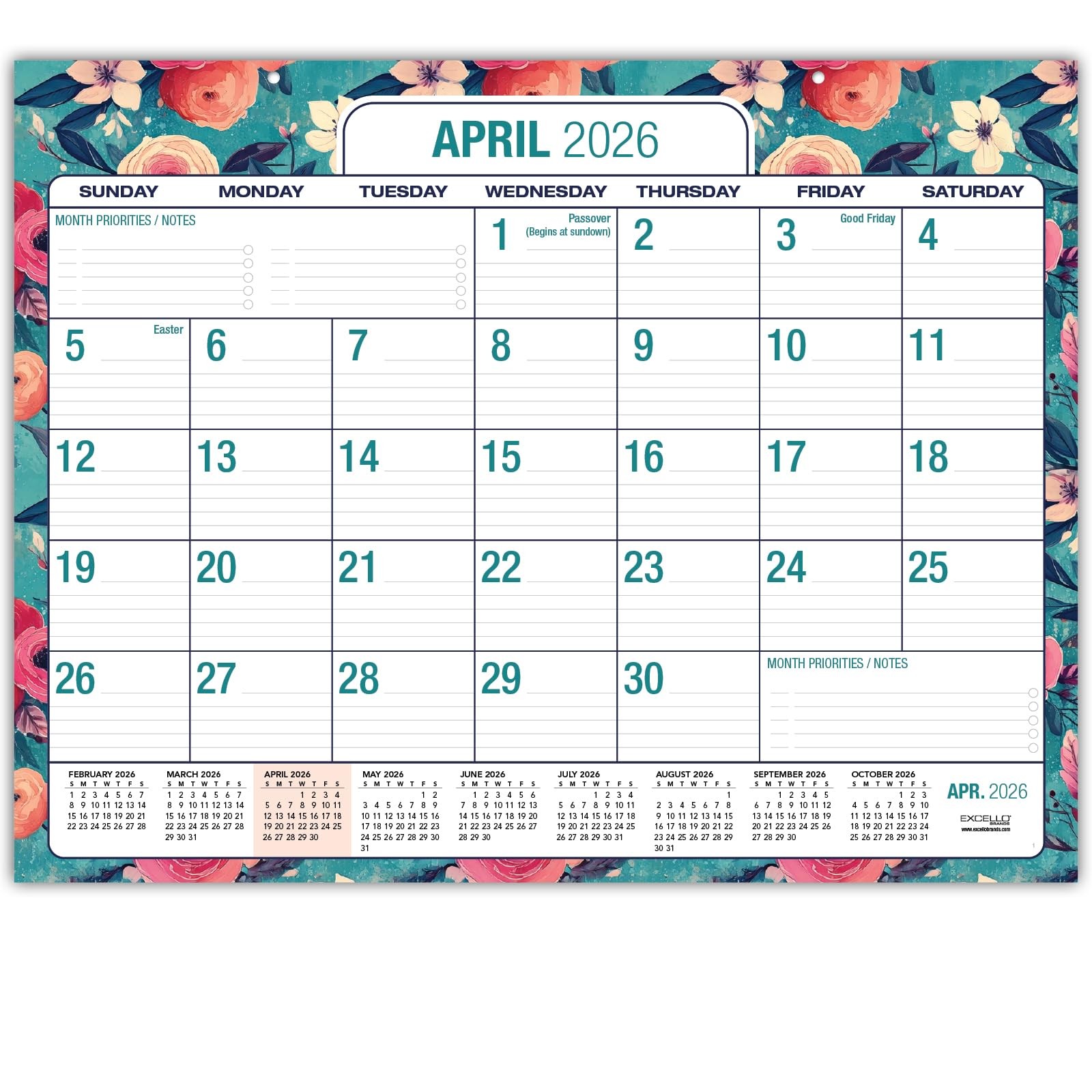 Teal Floral 20262027 Large Print Desk Pad Calendar 21 Month 22x17 Inch