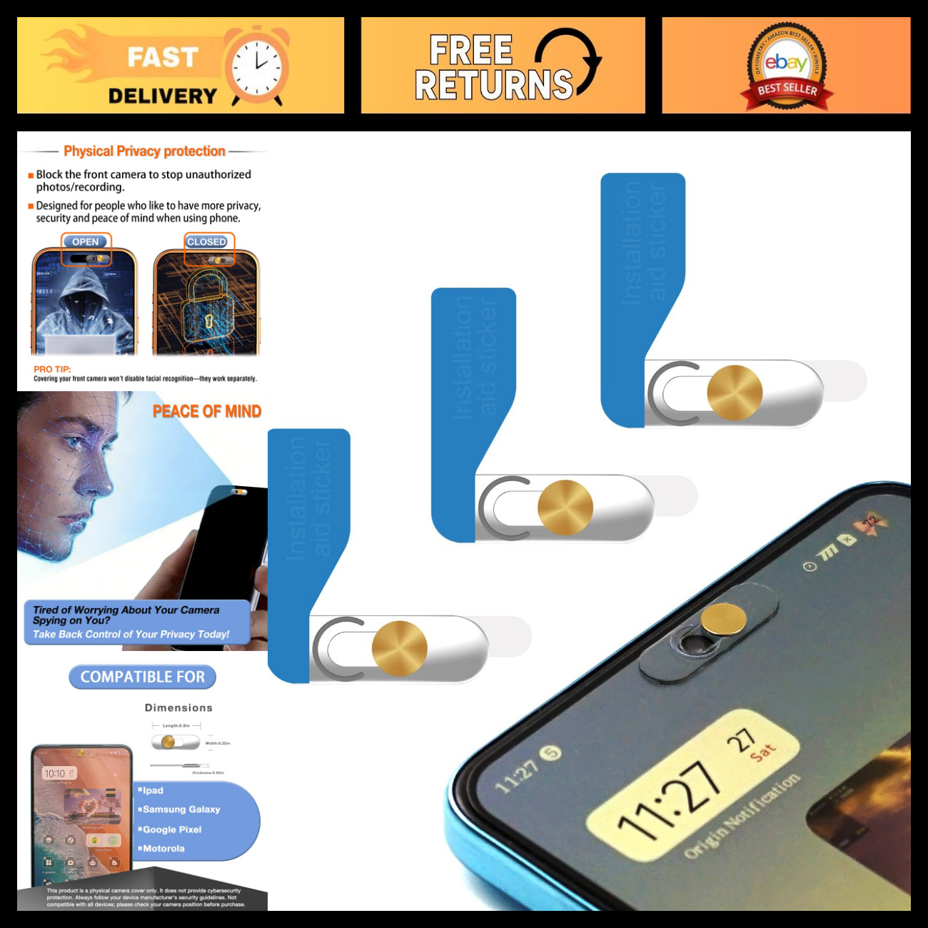 Webcam Cover for Phone & iPad - Front Camera Privacy Shield, Gold 3 Pack