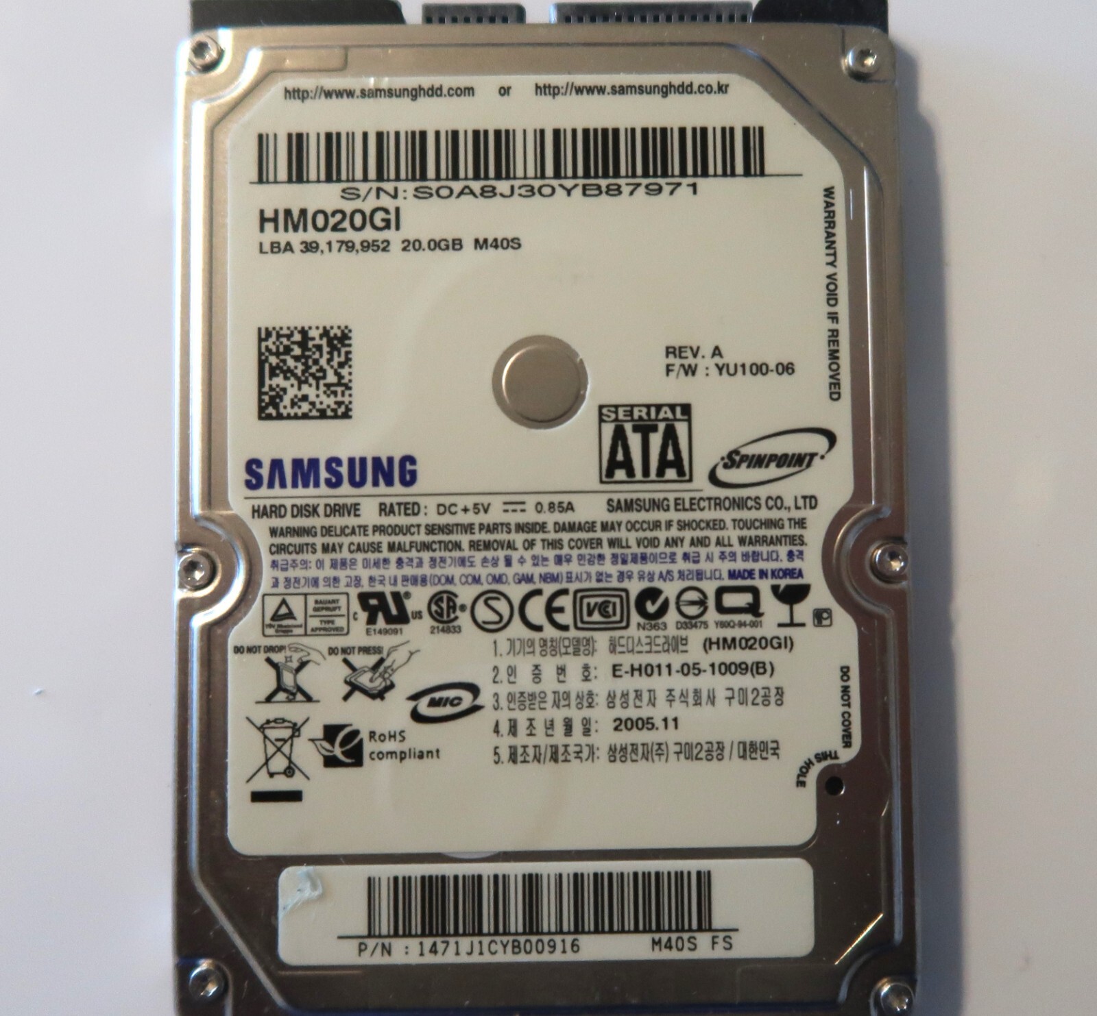 Samsung HM020GI YU100-06 REV A (S0A8) KOREA M40S FS 2.5" 20gb Sata HDD 2005.11