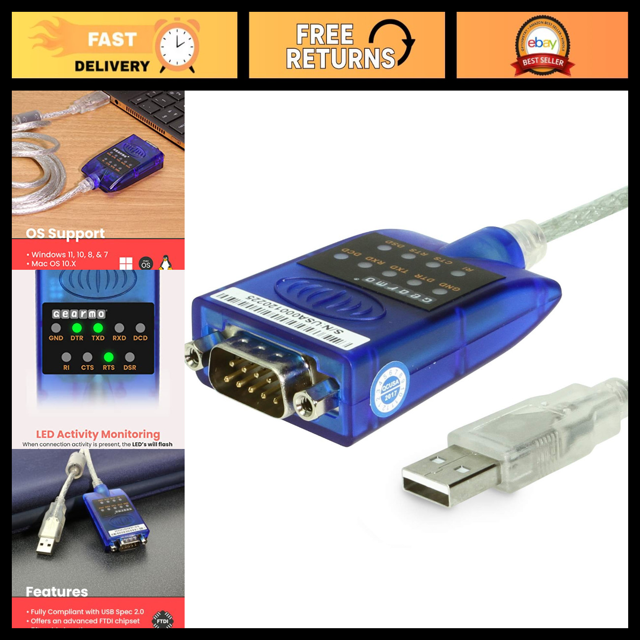 USB to Serial RS-232 Adapter, FTDI Chip, LED Indicators, Windows & Mac Compatibl