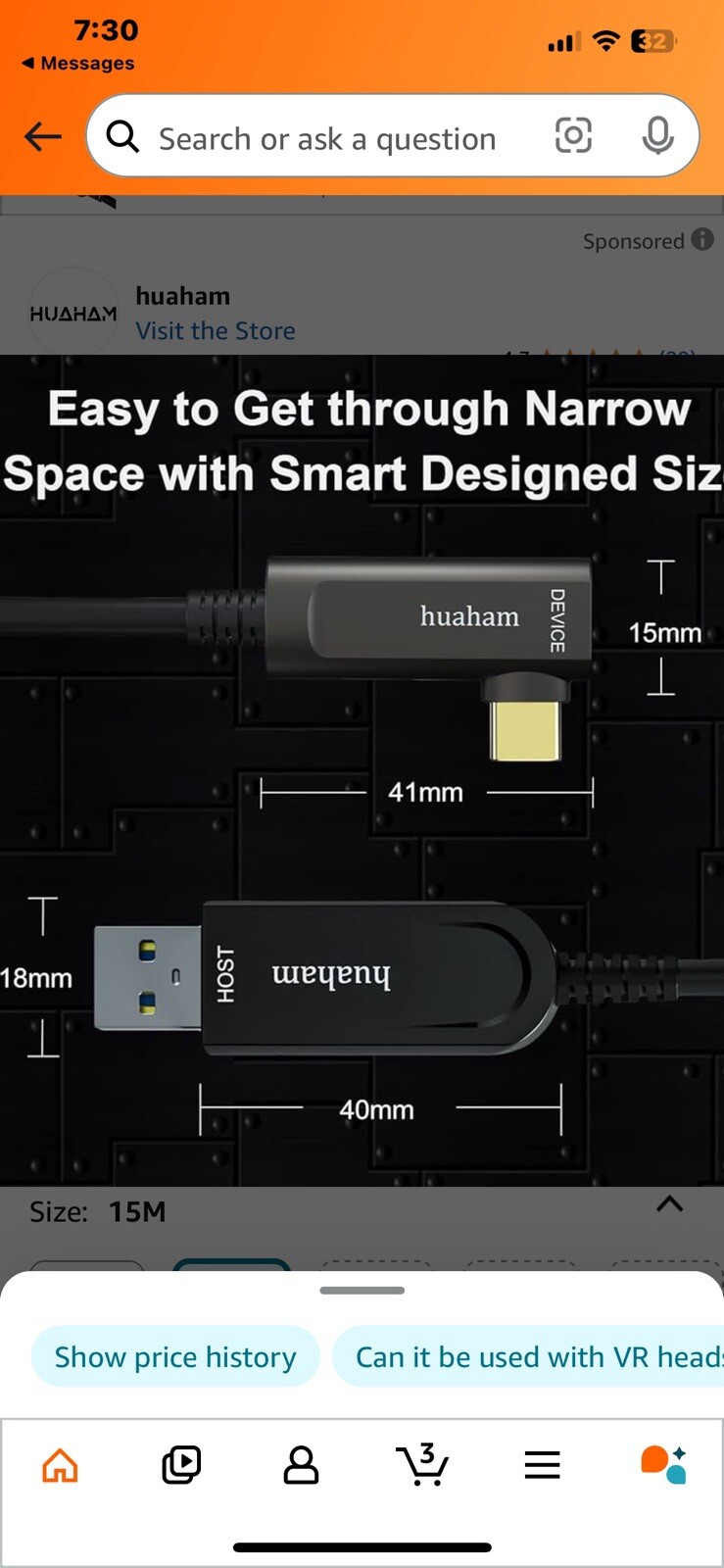 Huaham USB A to USB C Fiber Optic Cable Right Angled 15M/50 Feet