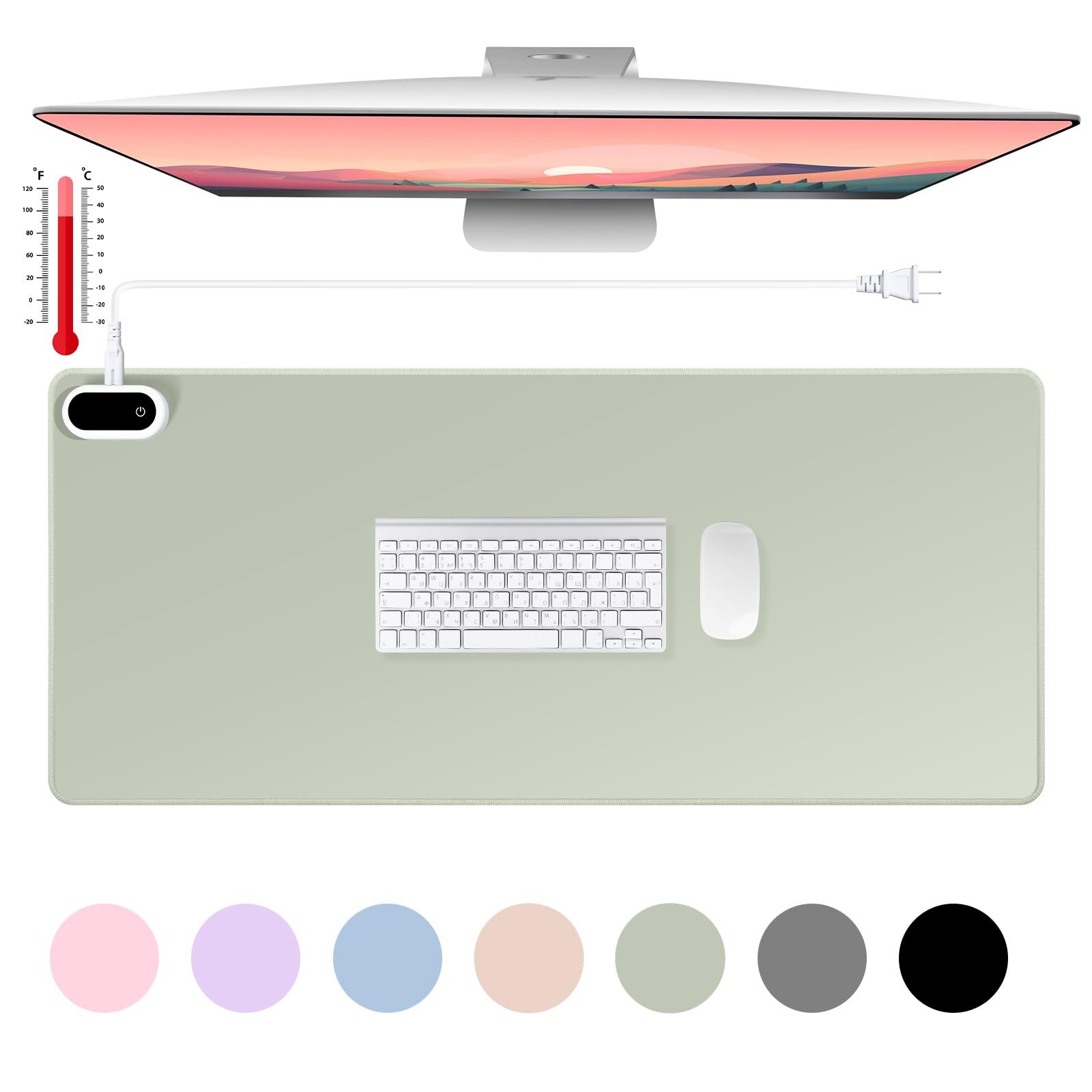 Heated Desk Mat PU Warm Mouse Pad GrayGreen Color 31.5x13 Inch Protector
