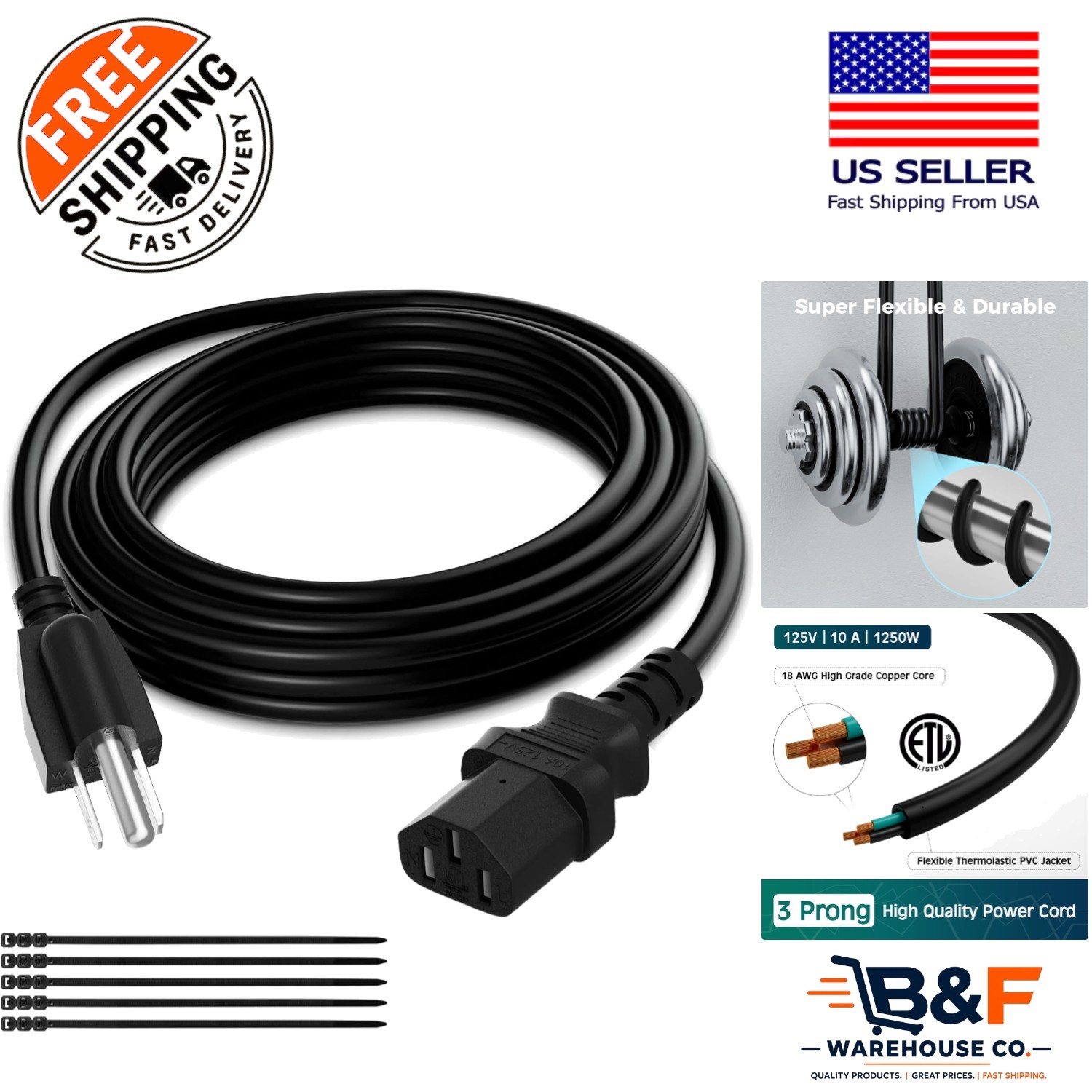Versatile 50 Ft 18AWG Power Cord - Male to Female Connection for Safe Device Use