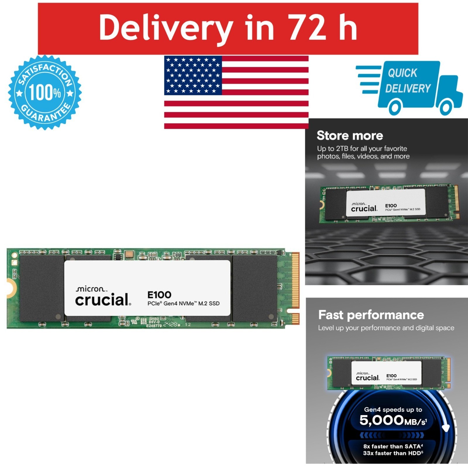 Crucial E100 1TB M.2 NVMe PCIe Gen4 Internal SSD