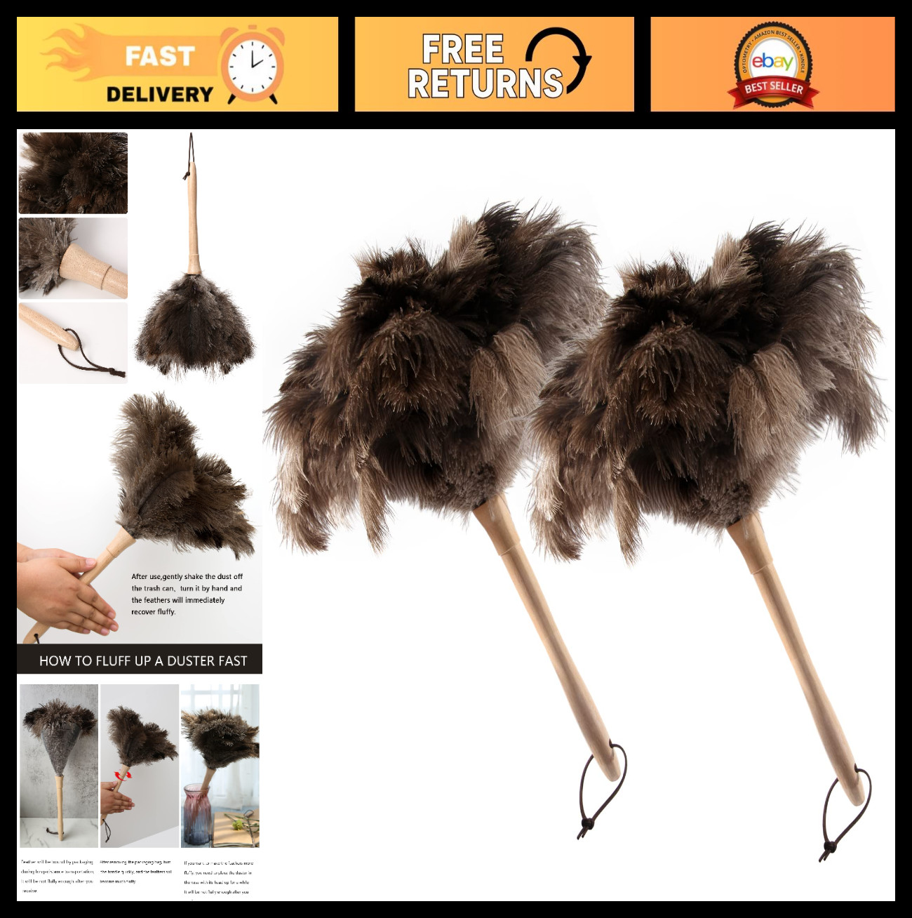 2PCS 16" Natural Ostrich Feather Duster - Fluffy, Reusable, Washable for Home, C