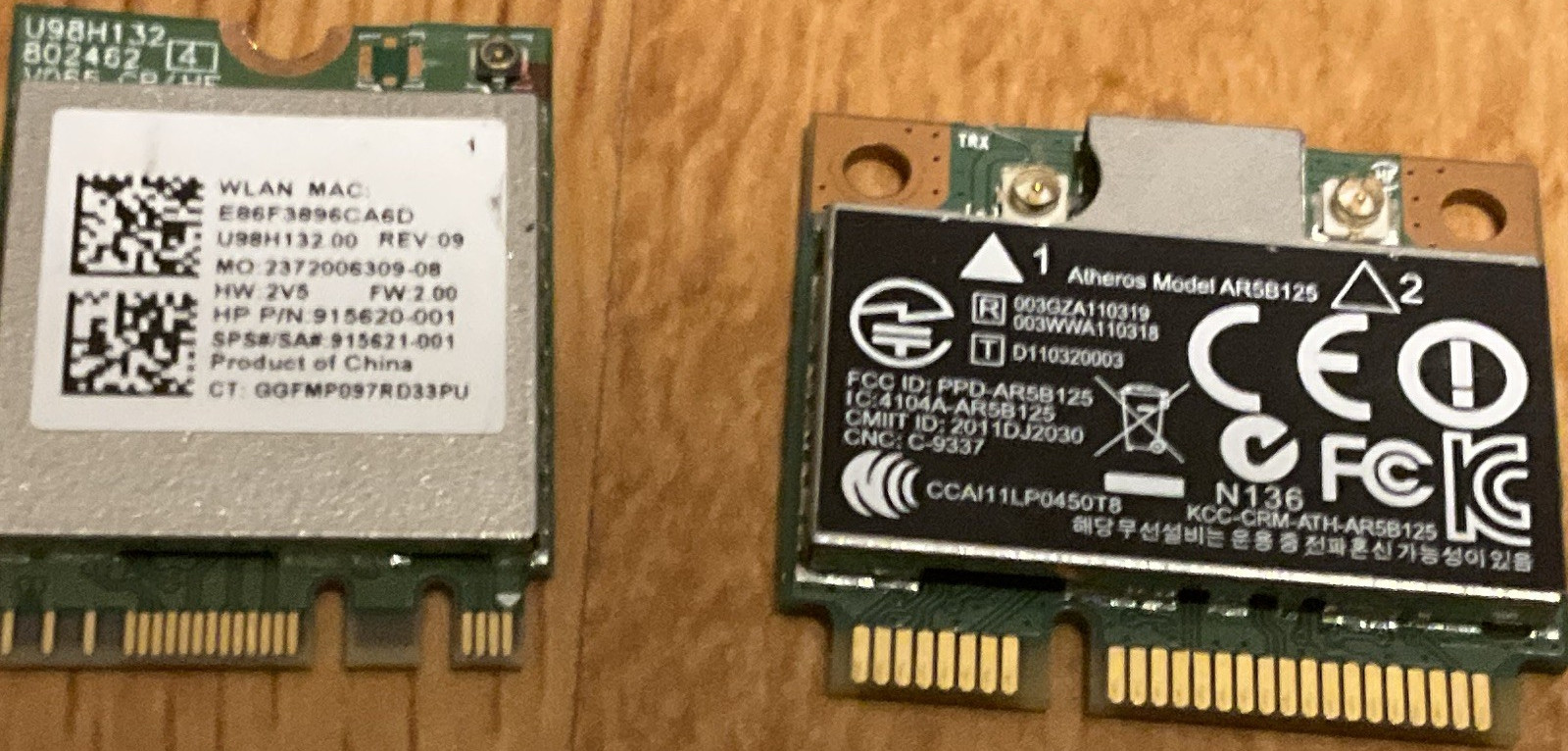 Wi-Fi Card Lot: HP Realtek M.2 NGFF (915621-001) + Atheros Mini PCIe (AR5B125)