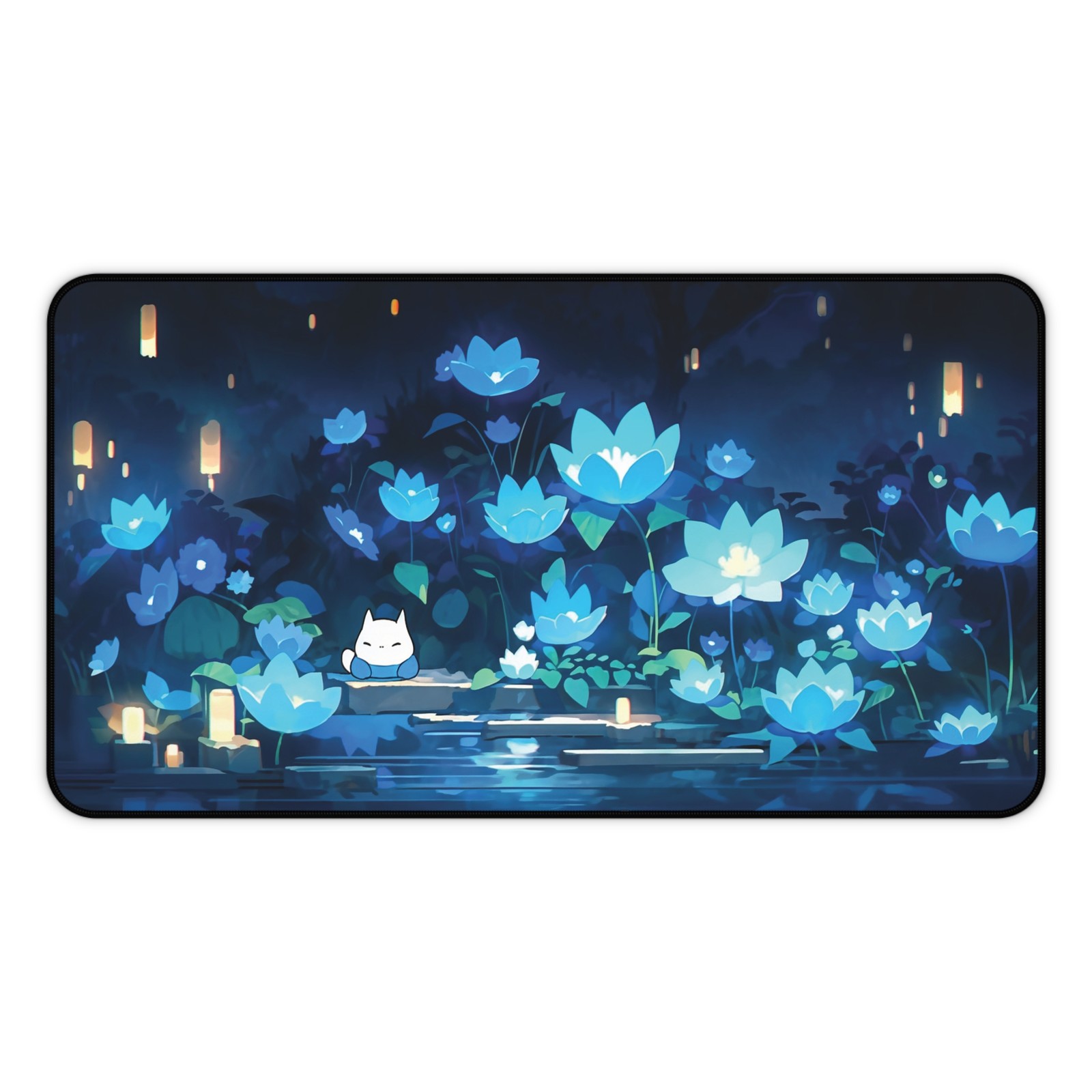 Blue Lotus Cat Desk Mat Kawaii Night Flower Mouse Pad Large Desk Pad