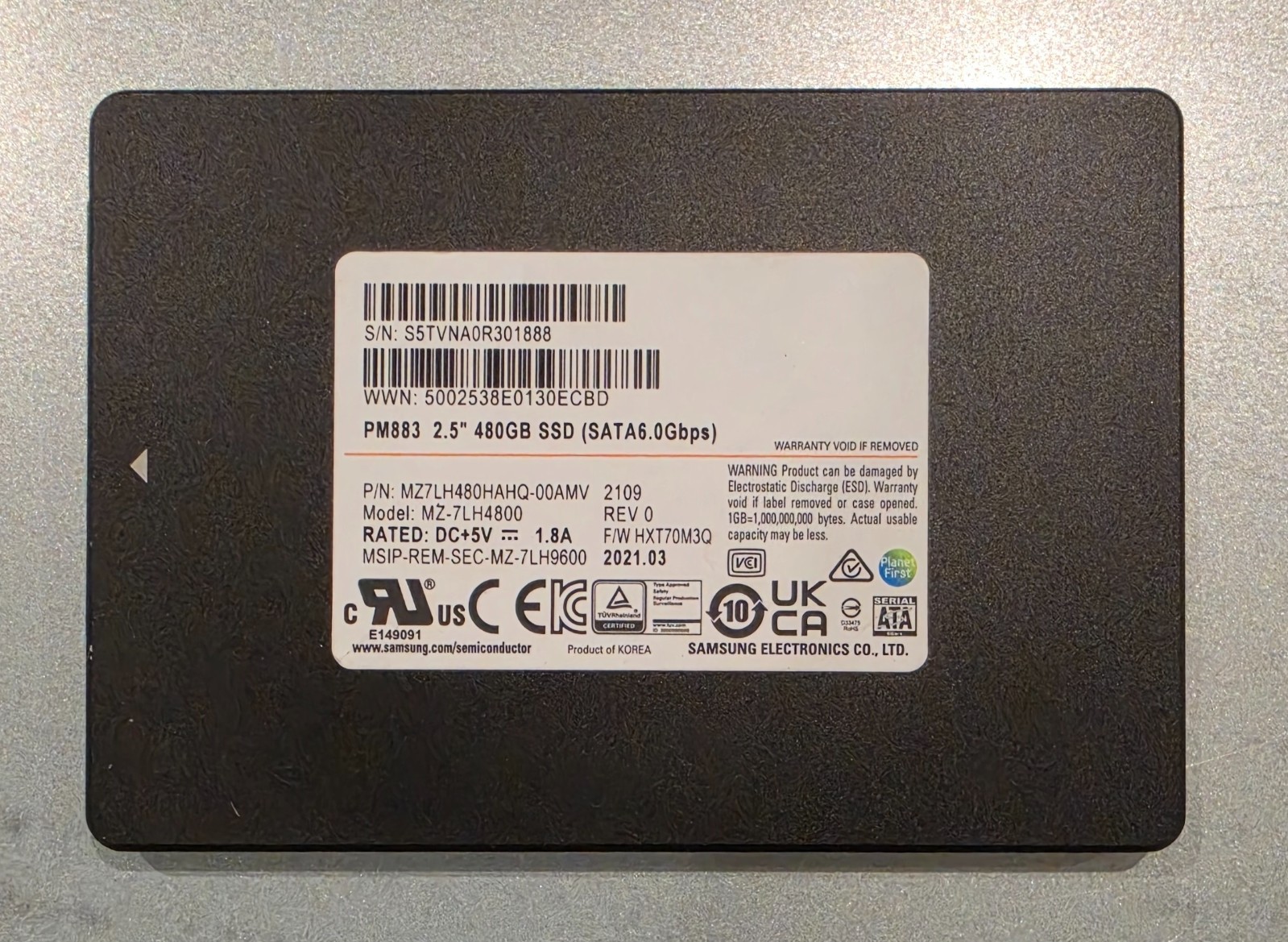 Samsung SSD PM883 480GB MZ-7LH4800 MZ7LH480HAHQ - Practically New - 100% Health