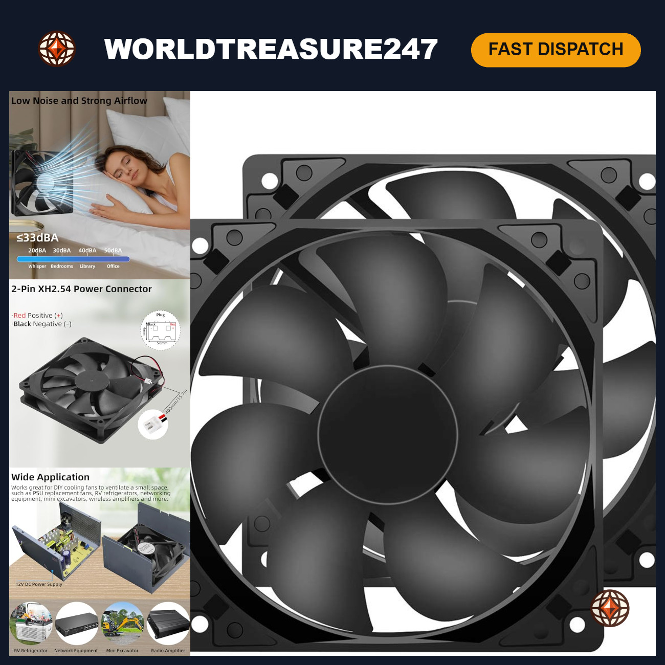 12V DC 120mm Cooling Fan 2-Pack, 1600RPM, 2-Wire, Quiet & Efficient Airflow