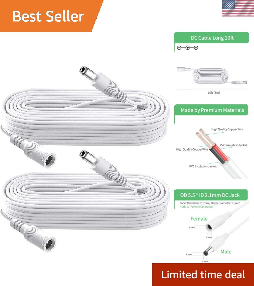 2-Pack 10FT DC Power Cables - Versatile 5.5mm x 2.1mm for Indoor/Outdoor Use