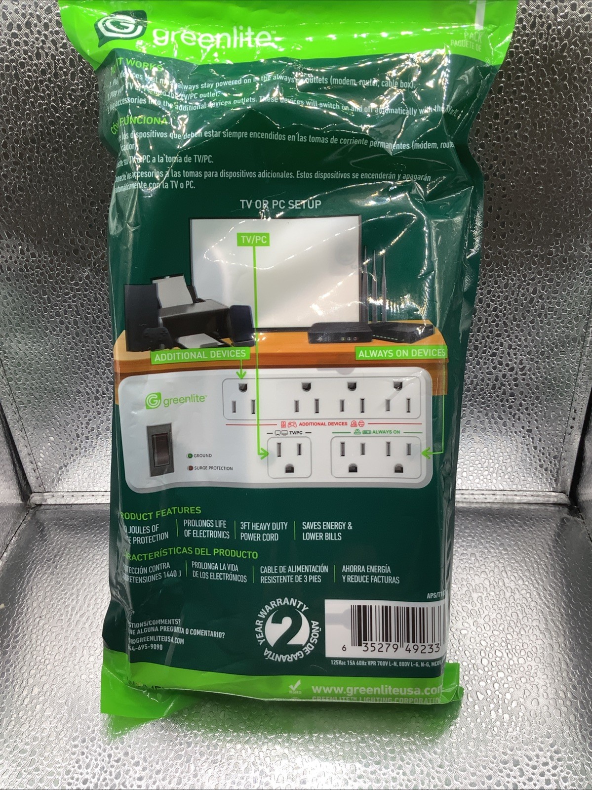 Greenlite TV+PC Energy-Saving Advanced Power Strip Surge Protector, 7 Outlets