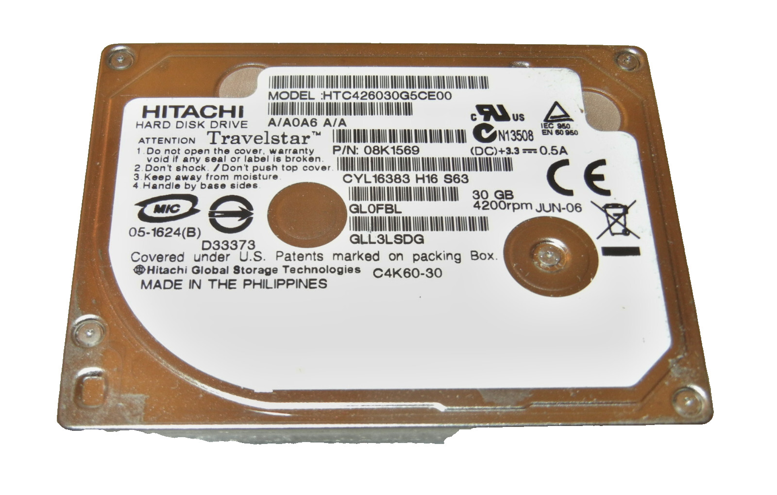 30GB Hitachi Travelstar 1.8" 4200RPM HTC426030G5CE00 P/N: 08K1569 ZIF Hard Drive