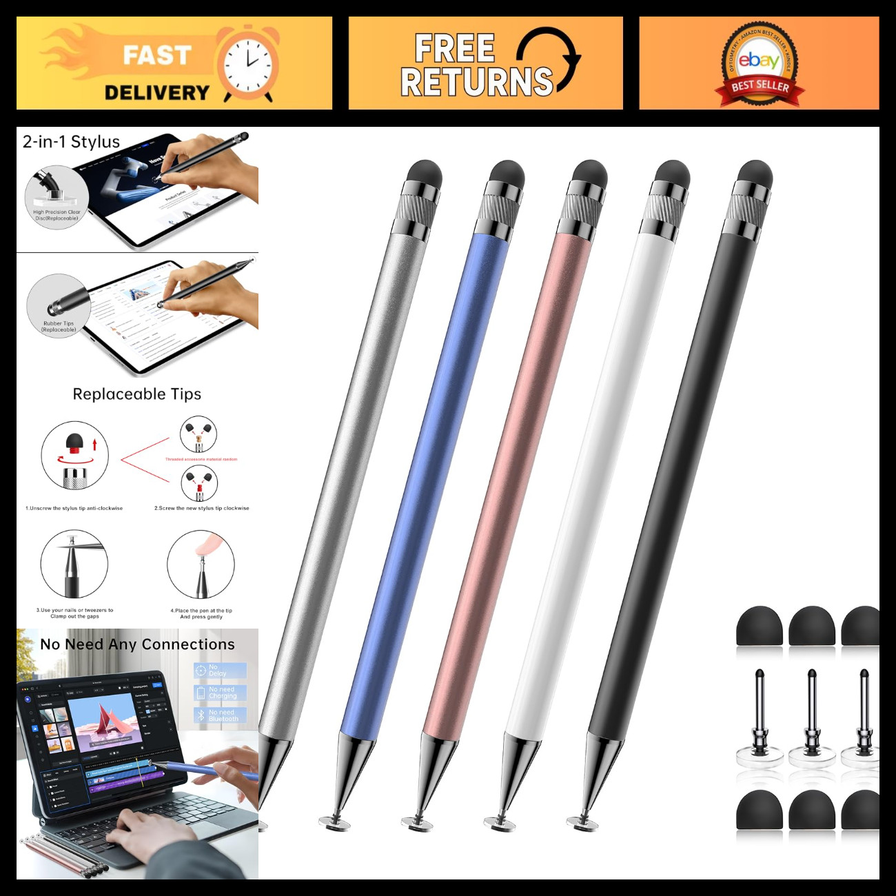 5 Pcs 2-in-1 Touchscreen Stylus Pen, Capacitive Stylus for Tablets & Smartphones