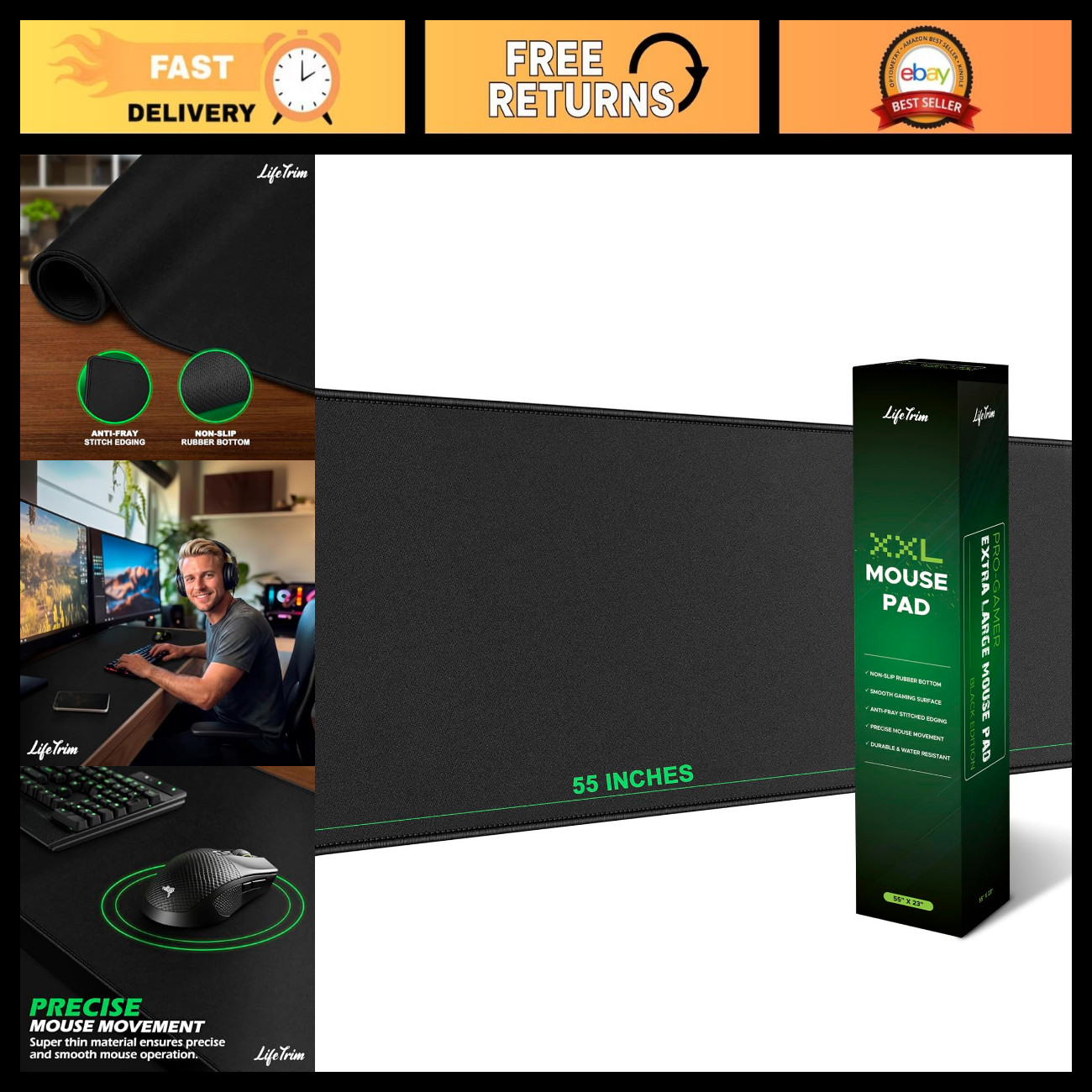 Extra Large Desk Mat 55x23 Inch - 5mm Thick Gaming Mouse Pad, Non-Slip, Waterpro