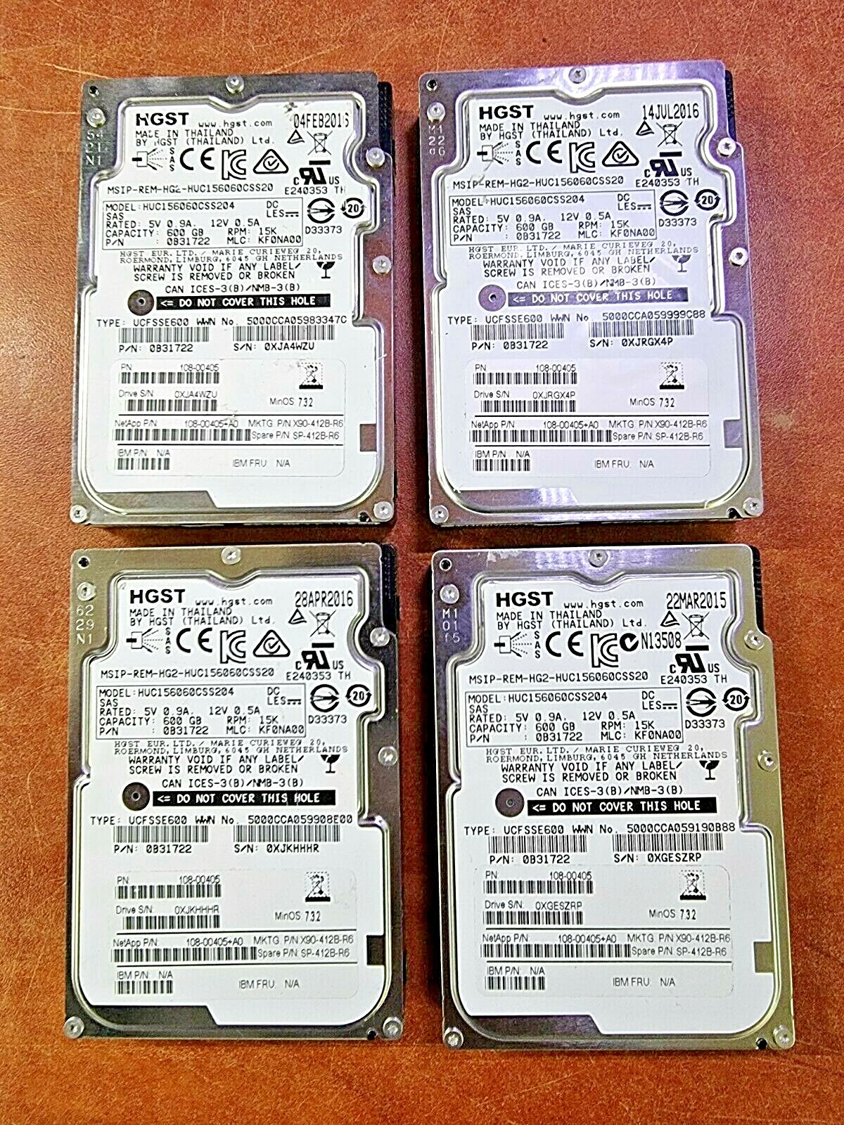 lot of 4 hdd 600gb 15k rpm  netapp 108-00405+a0  sp-412b-r6  p/n 0b31722  HGST 