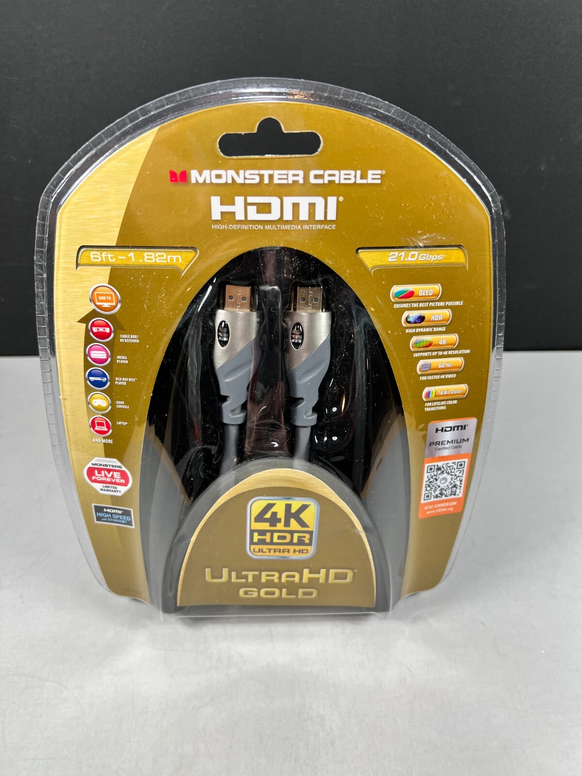 Monster Cable HDMI 4K HDR Ultra HD Gold High Speed Premium 21 Gbps 1080p 6ft