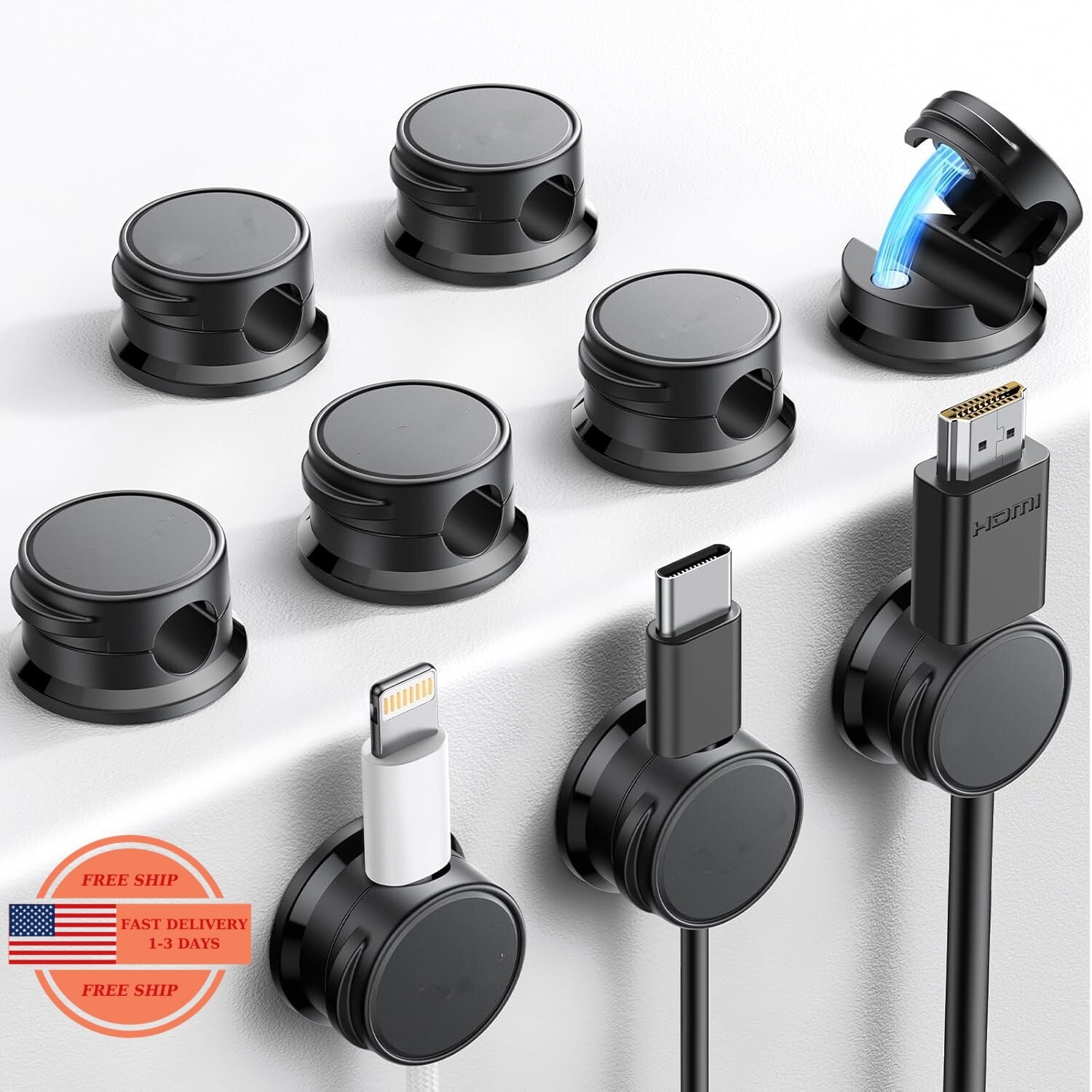 Organizador de cables (paquete de 9), clips magnéticos cables, soporte adhesivo