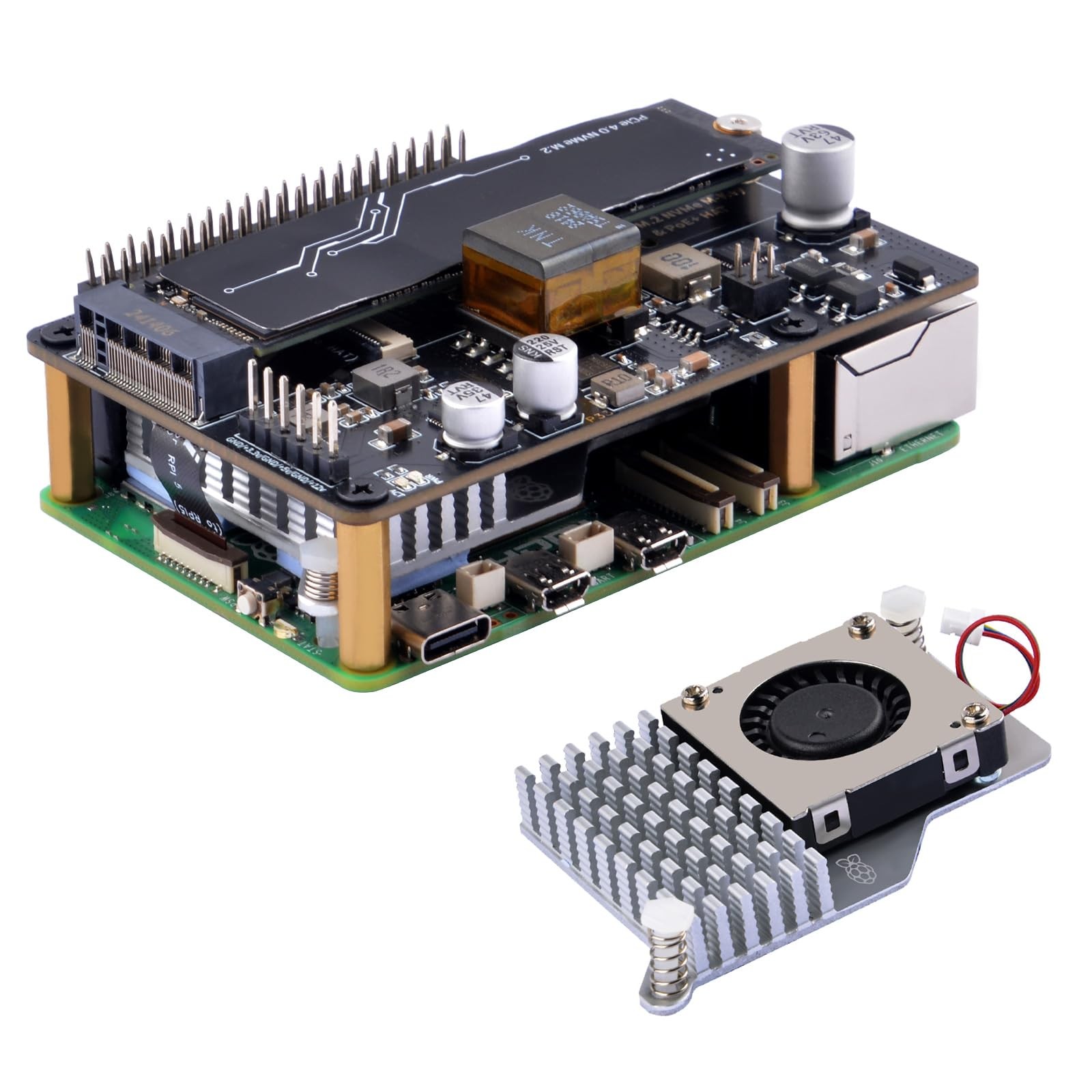 P33 M.2 NVME M-Key PoE+ Hat with Official Pi 5 Active Cooler for Raspberry Pi...