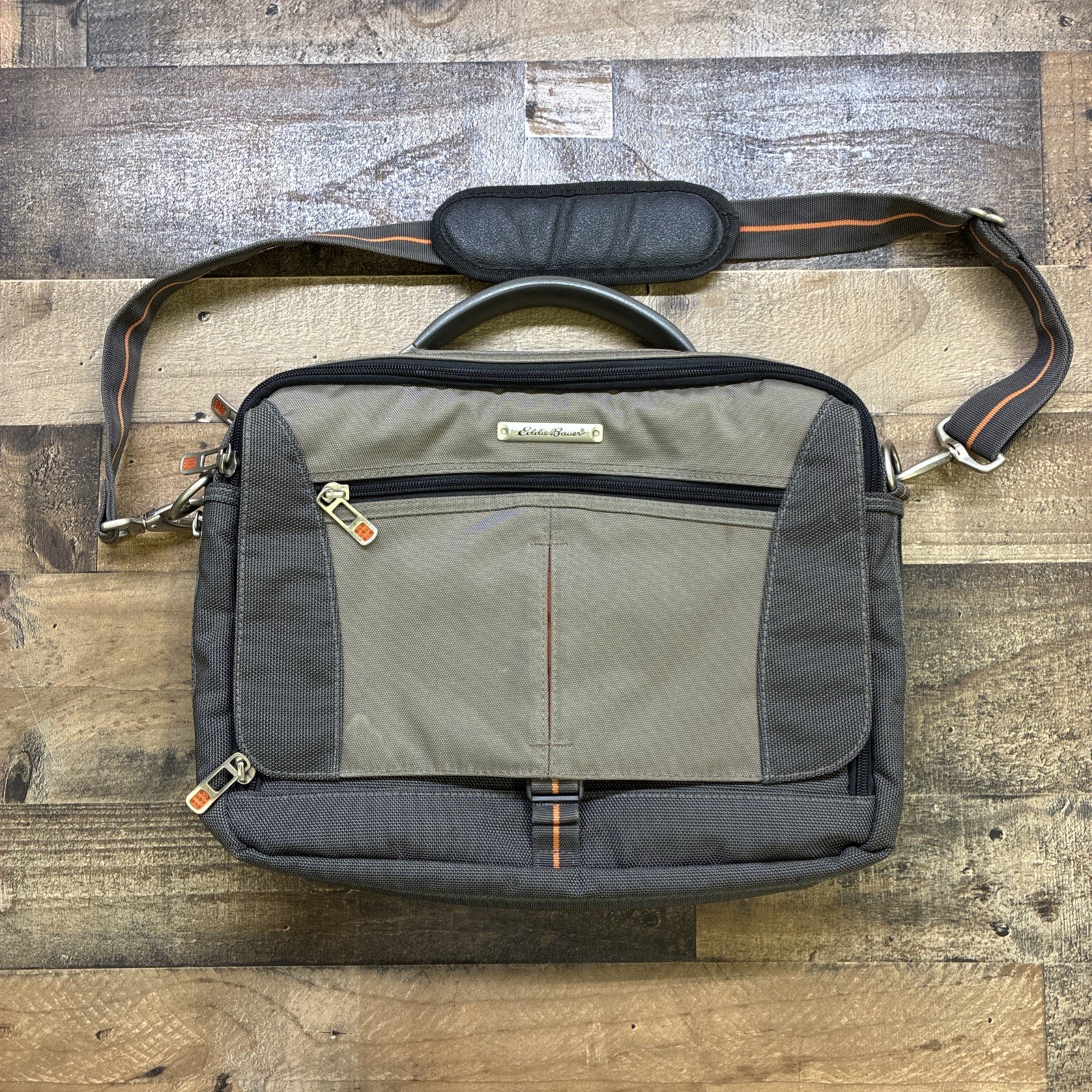 Eddie Bauer Messenger Laptop Bag Tan Gray Orange Expandable Shoulder Strap Case
