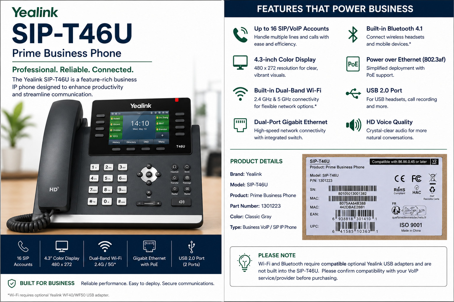 Yealink SIP-T46U Prime Business IP Phone | 16 SIP Accounts | GB PoE | HD Voice