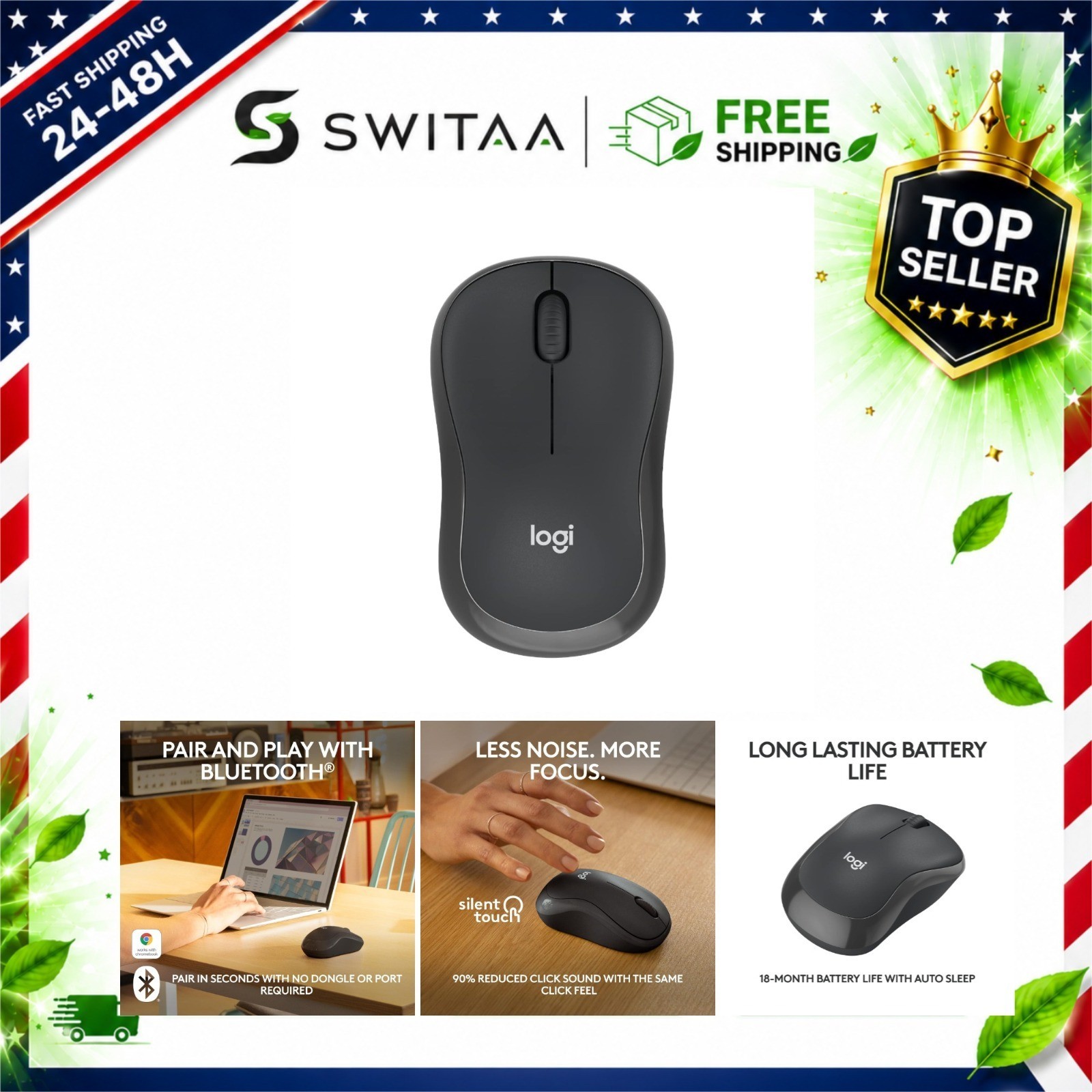 Logitech M240 Silent Wireless Mouse Bluetooth, Graphite - Compact & Quiet