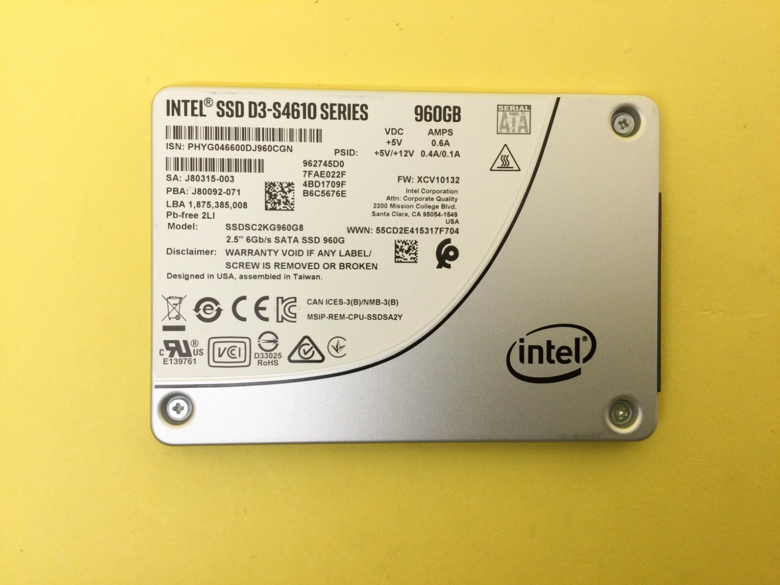 INTEL D3-S4610 SERIES 960GB SATA 6Gbps 2.5IN SSD SSDSC2KG960G8