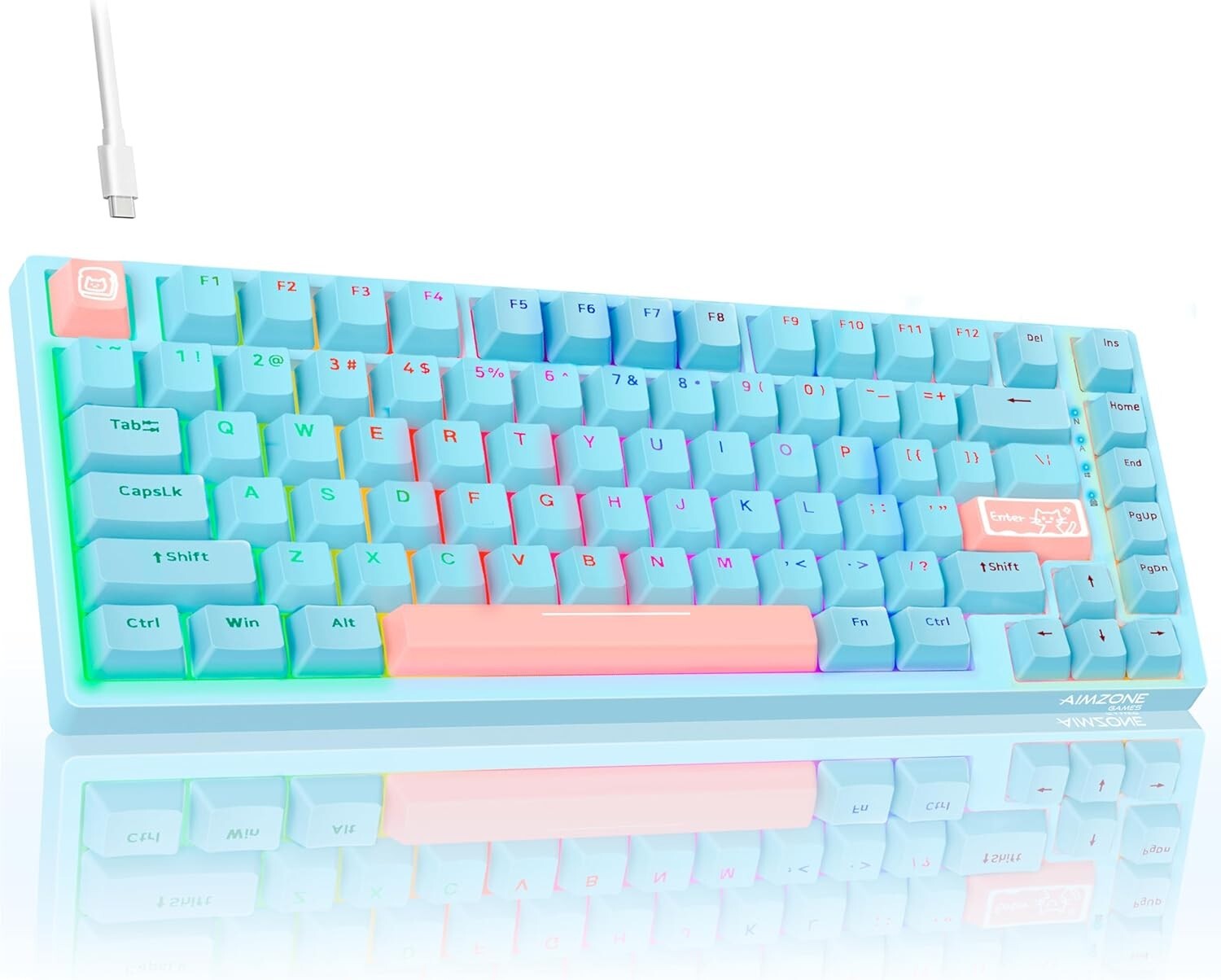 Aimzone Mechanical Gaming Keyboard 75%, Compact Wired Keyboard, Pink & Light Blu