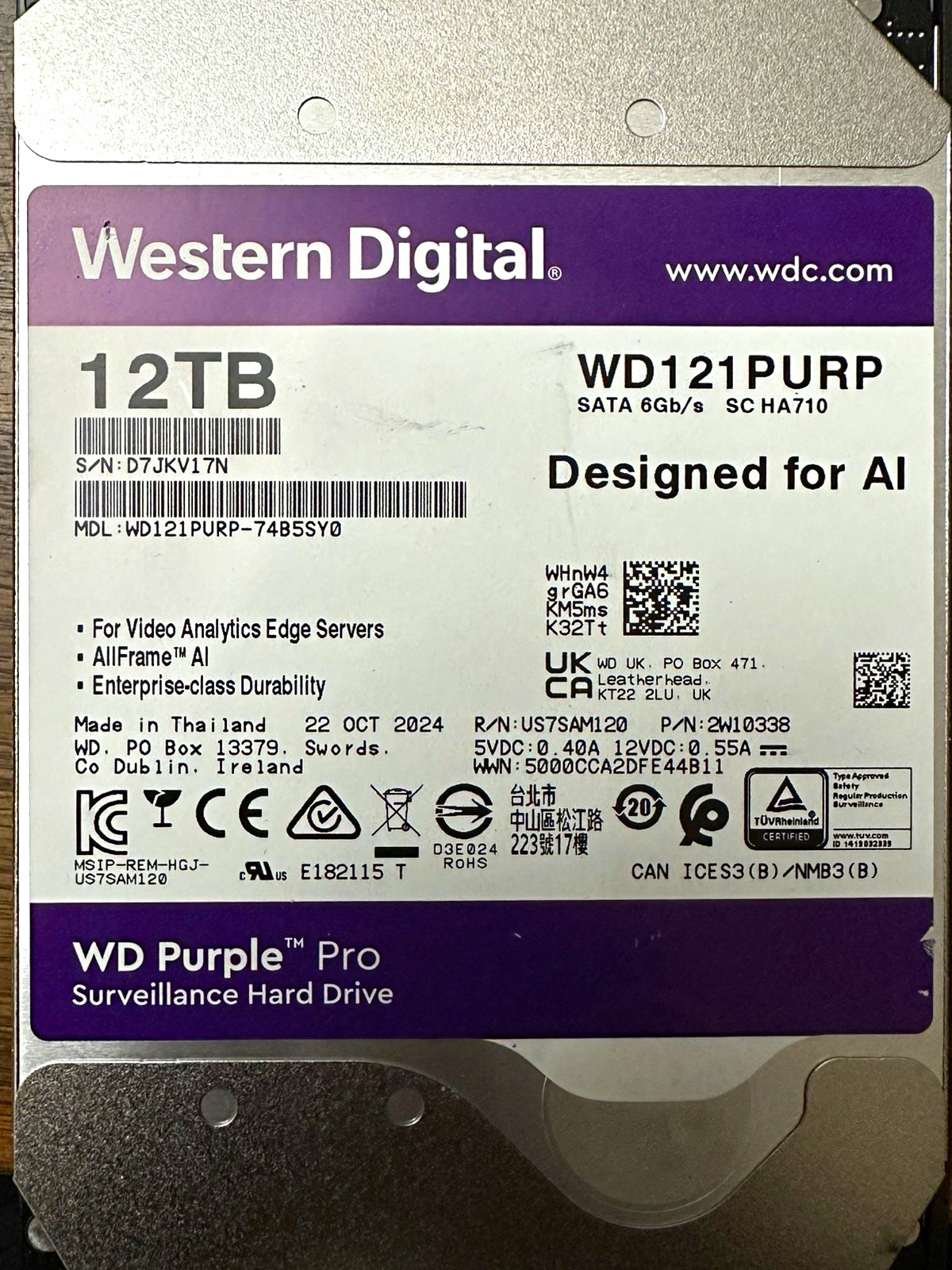 Western Digital WD Purple Pro 12TB 3.5in SATA 6Gb/s HDD WD121PURP AI