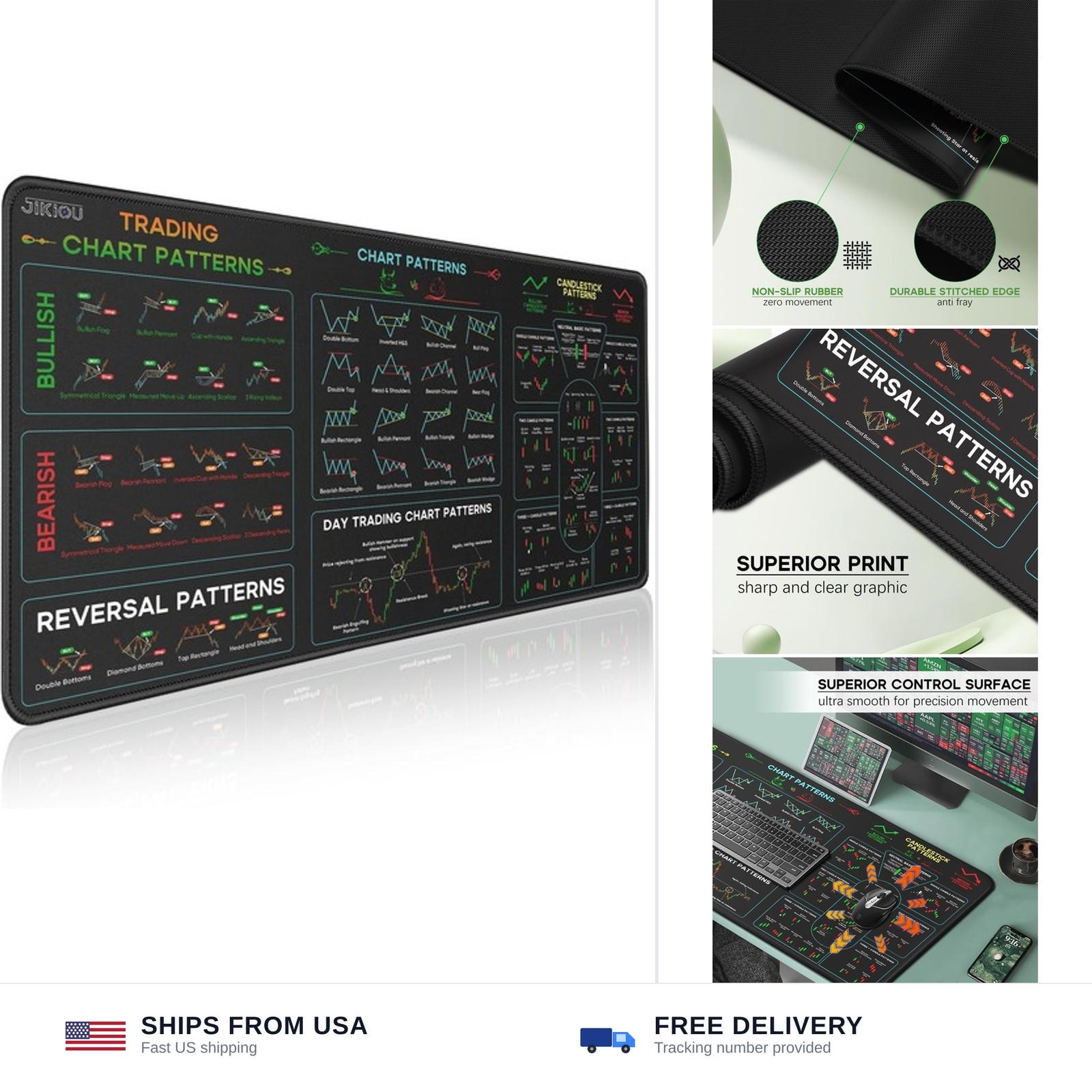 JIKIOU Stock Market Day Trader Mouse Pad Stitched Edges Non-slip Black Fade