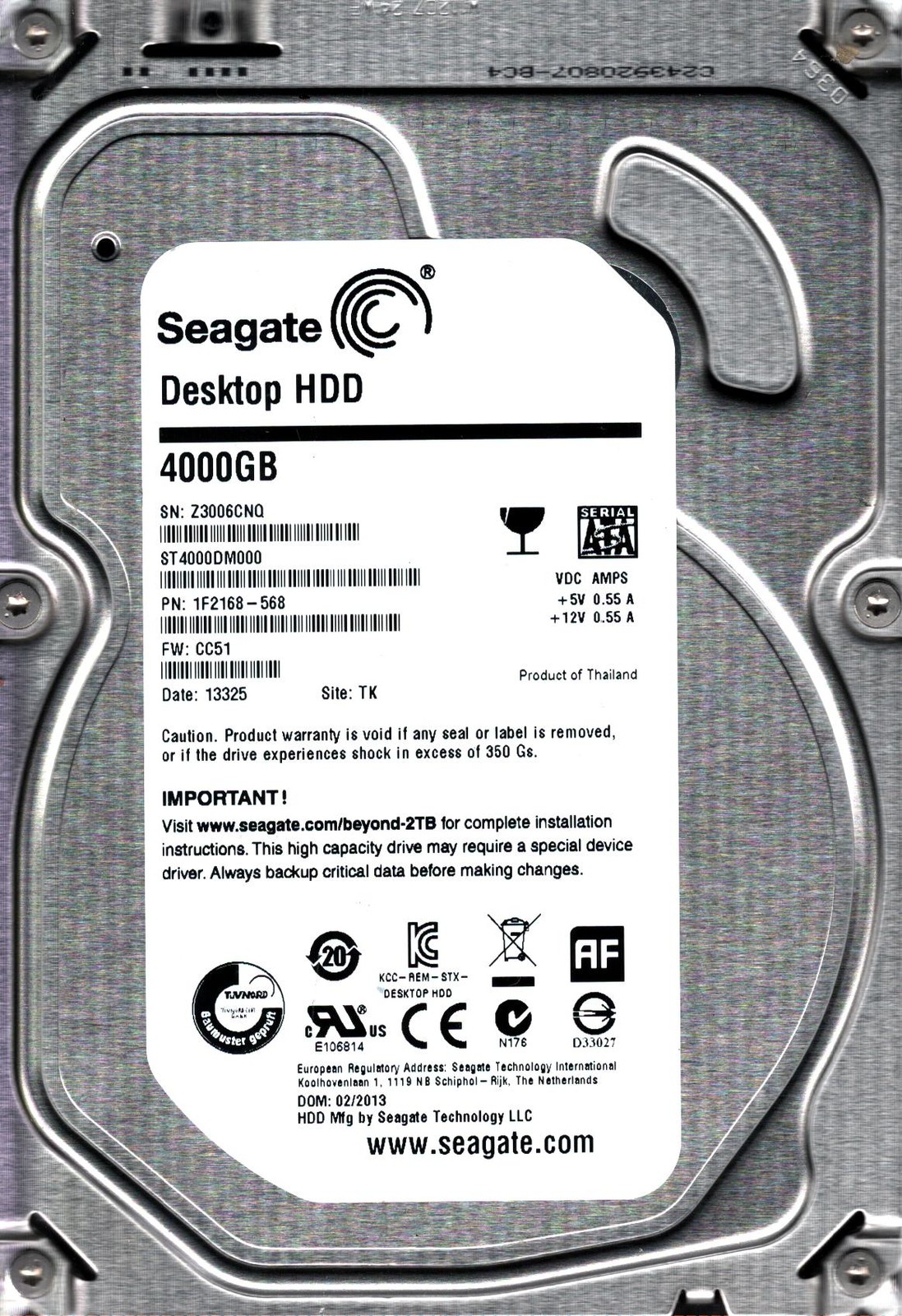 ST4000DM000 P/N: 1F2168-568 F/W: CC51 S/N: Z300 4TB FEB 2013 THAILAND SEAGATE