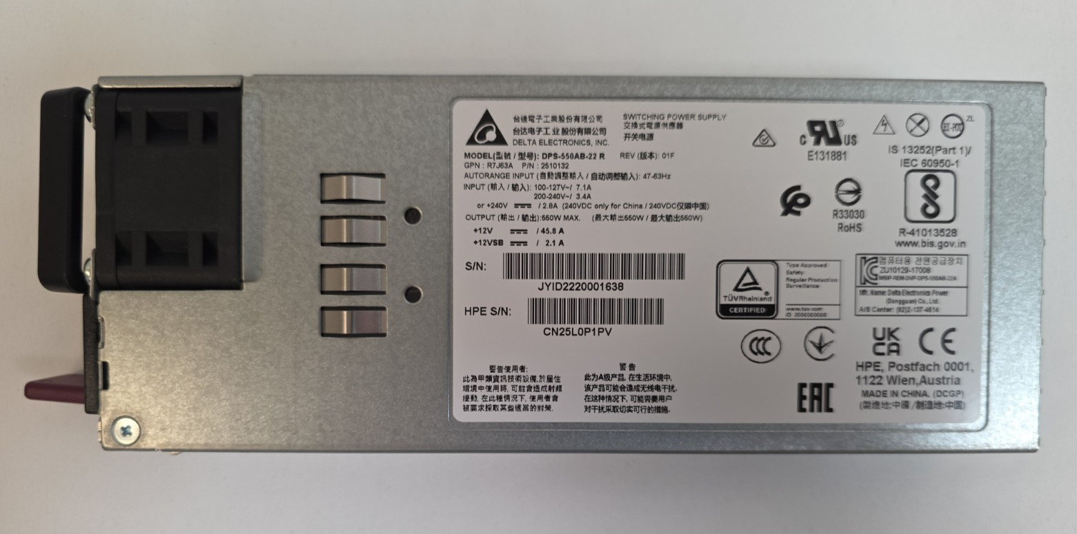 HPE Aruba Networking PSU‑550‑AC 550W AC Power Supply R7J63A P/N 2510132