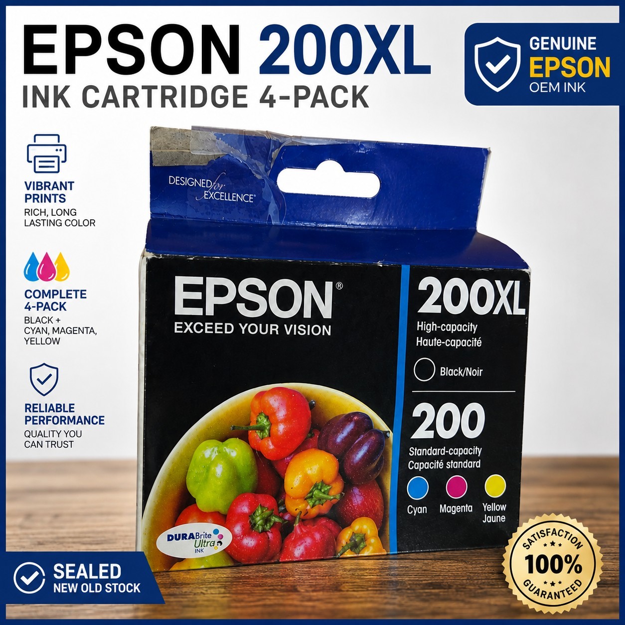Epson T200XL-BCS Genuine 200XL Black + 200 Color Ink 4-Pack SEALED OEM