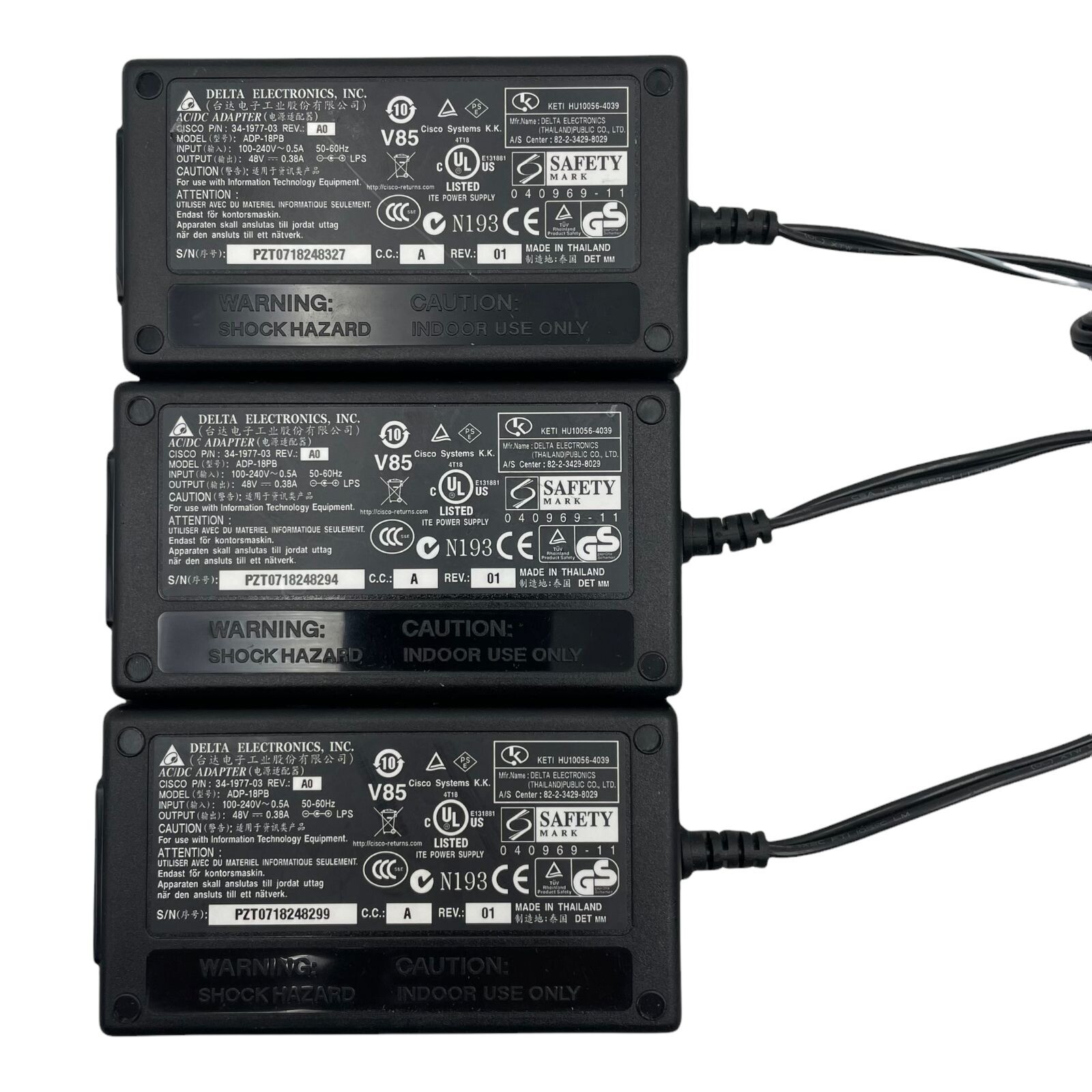 (3) Delta Electronics ADP-18PB Cisco P/N 34-1977-03 Rev. AO AC/DC Power Adapter
