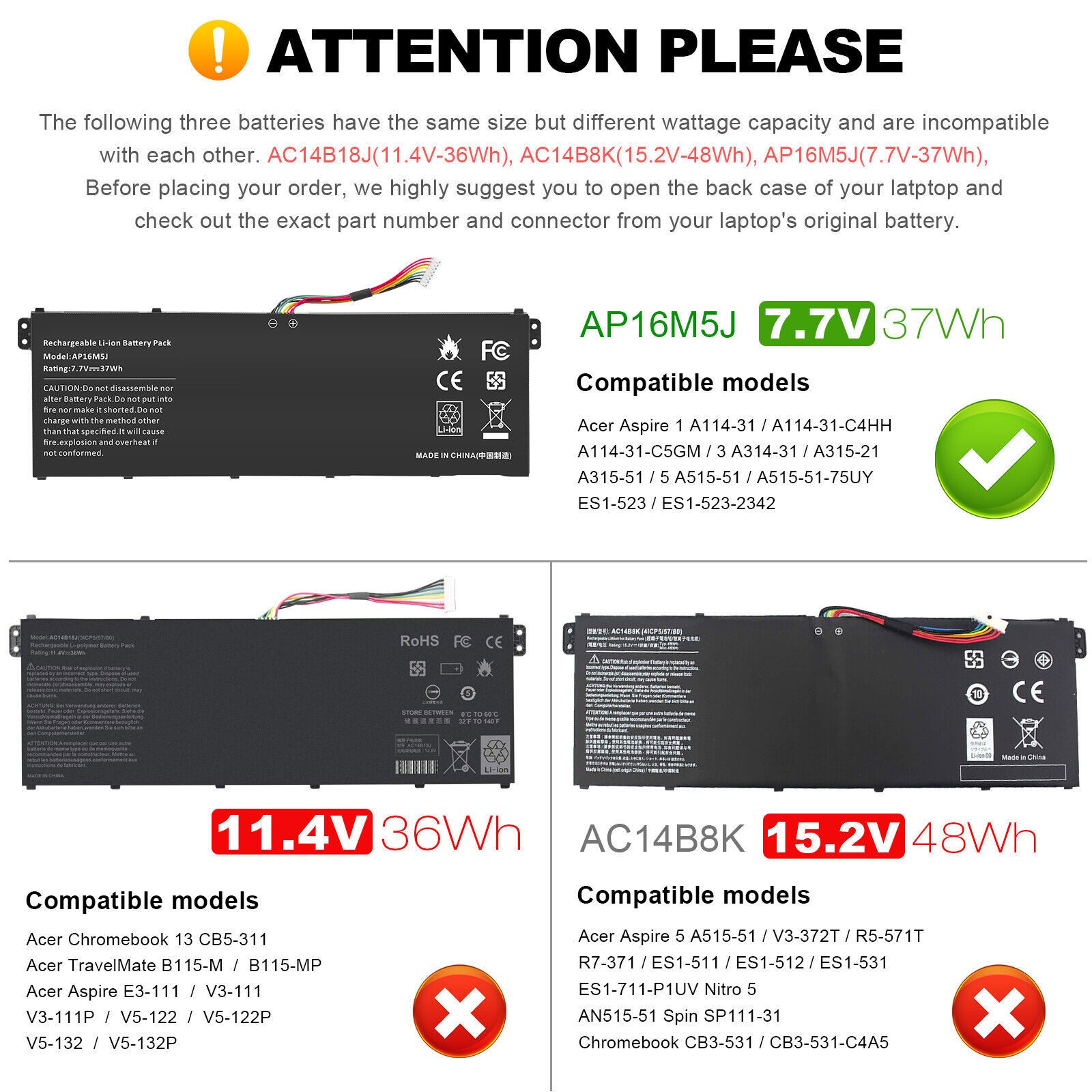 ✅AC14B8K Battery For Acer Aspire 5 A515-51 CB3-111 ES1-511 AC14B18J AP16M5J NEW