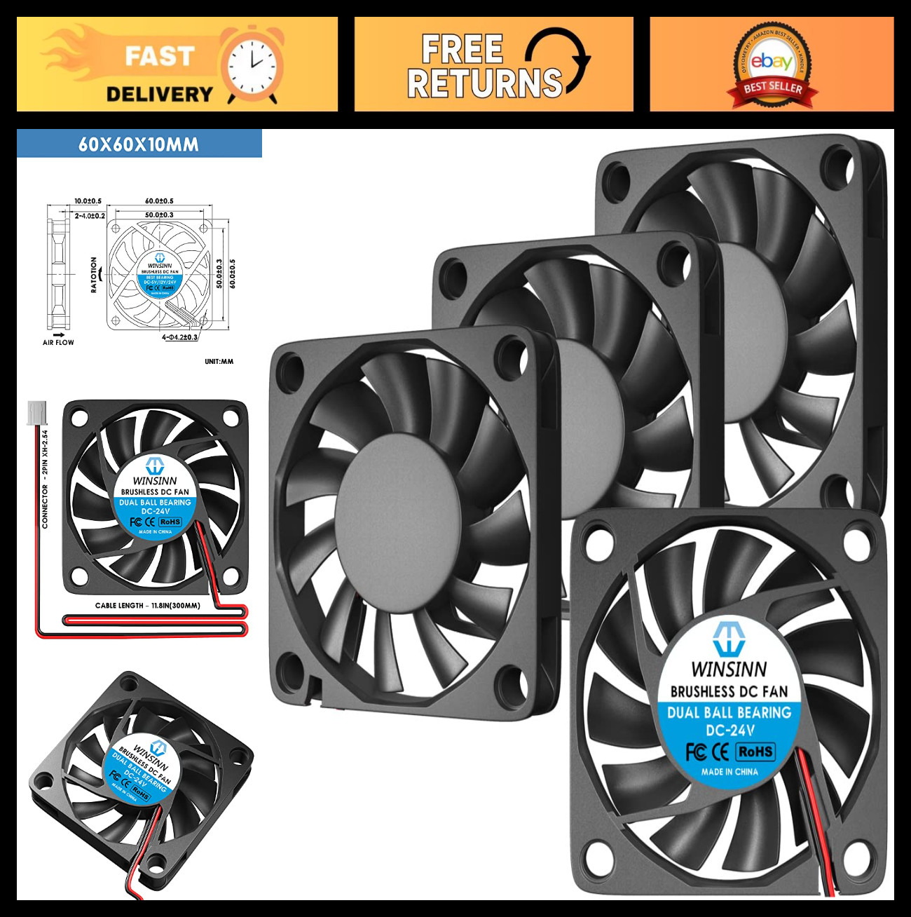 60mm 24V Brushless Cooling Fan - Dual Ball Bearing, 2PIN, Pack of 4 Pcs