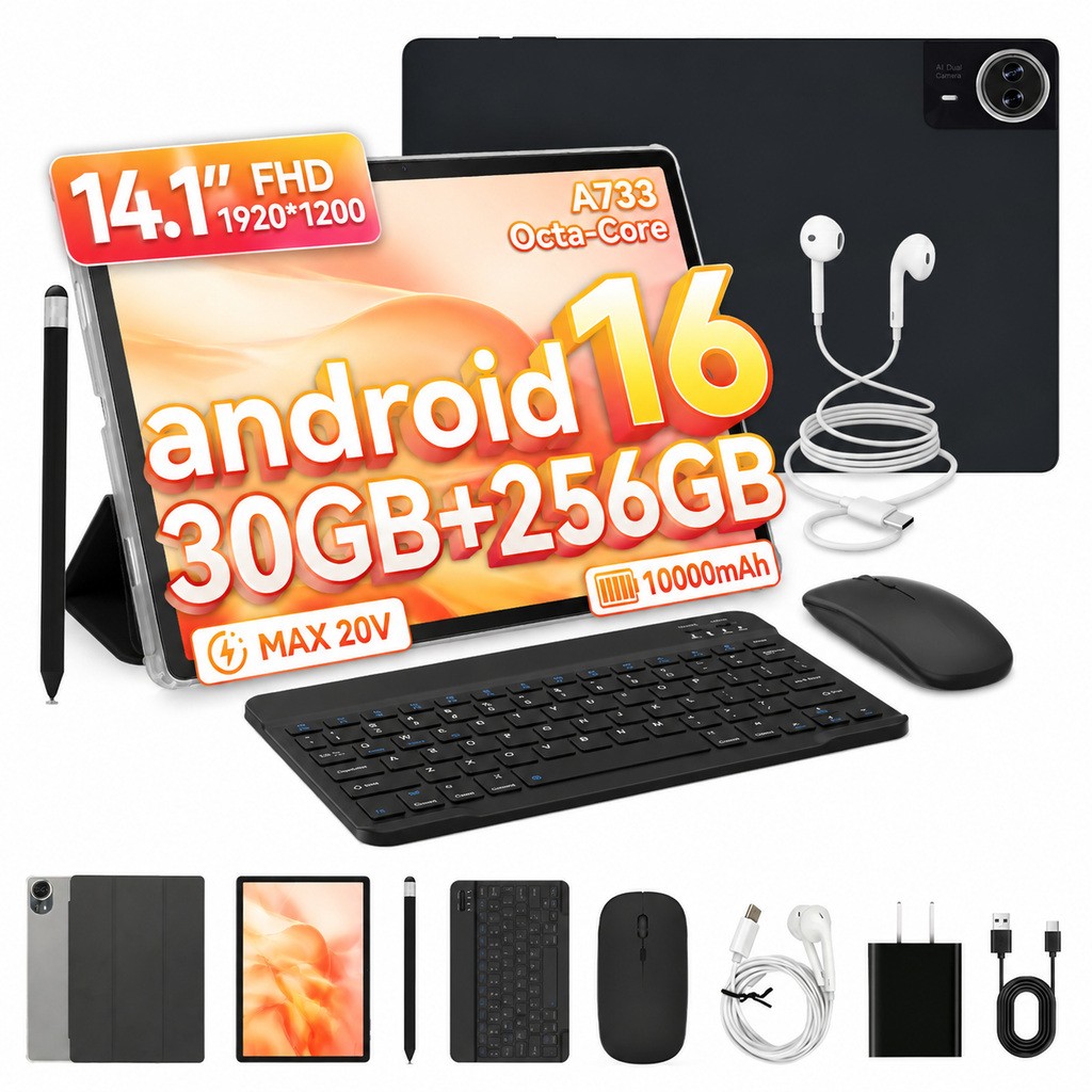 14.1 inch FHD Tablet Android 16 PC 1920*1200 Touchscreen 30GB+256GB ROM 10000mAh