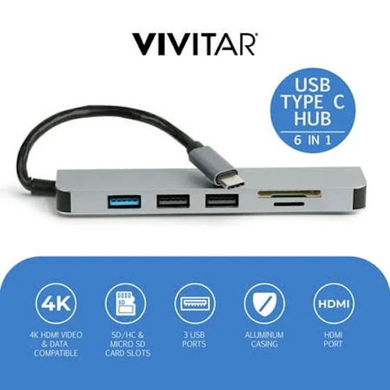 Vivitar USB Type-C Hub 6-in-1 SD HDMI Adapter 4K Plug & Play Tested Open Box
