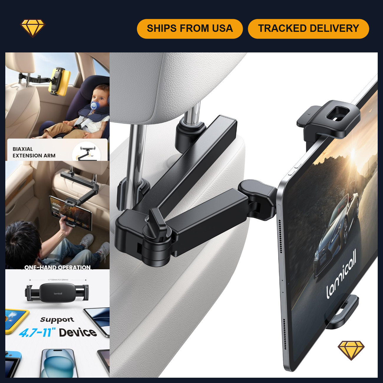 Adjustable 3-in-1 Car Headrest Tablet Holder, Universal Fit, Easy Install, Secur
