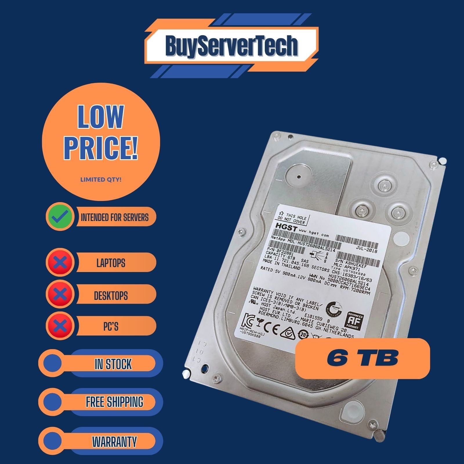 HUS726060AL5214 HGST UltraStar 6TB SAS 7.2K 3.5" HDD 0F22881